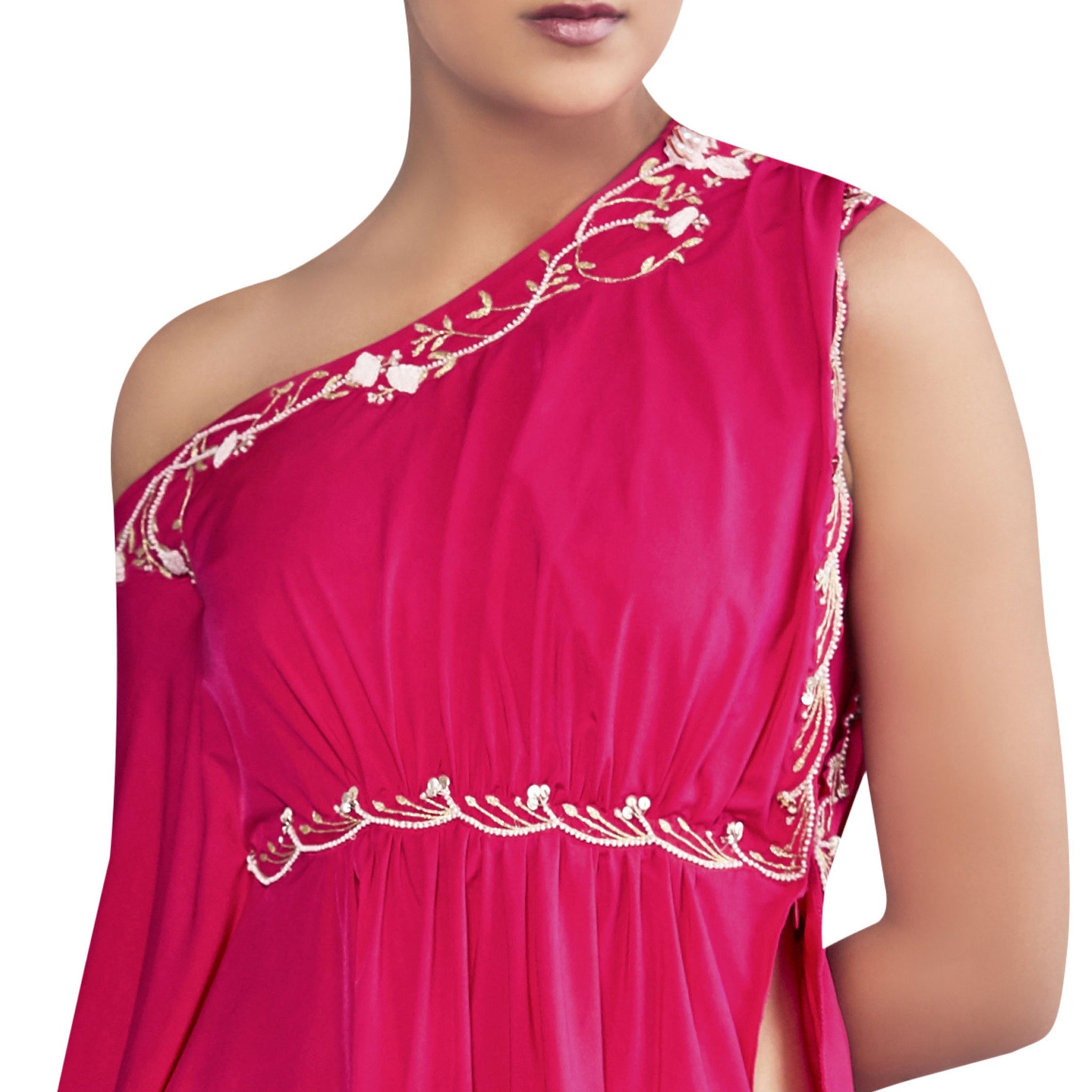 One-Shoulder Draped Top with Dhoti Skirt
