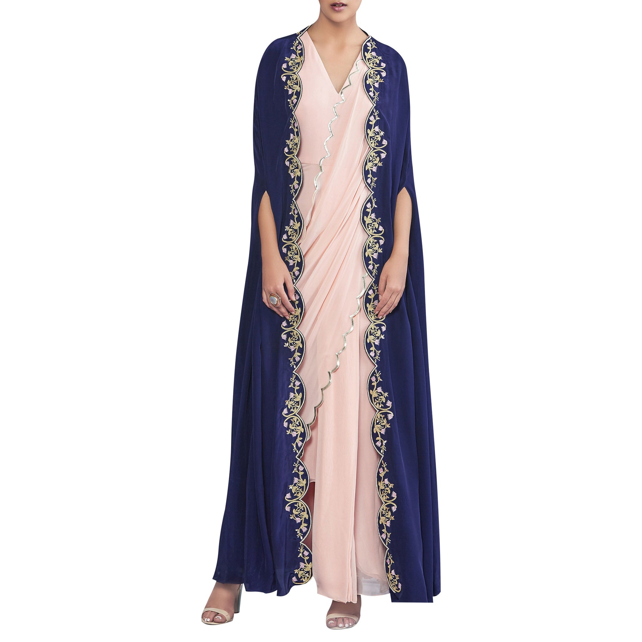 Embroidered Pre- Draped Sari with Cape