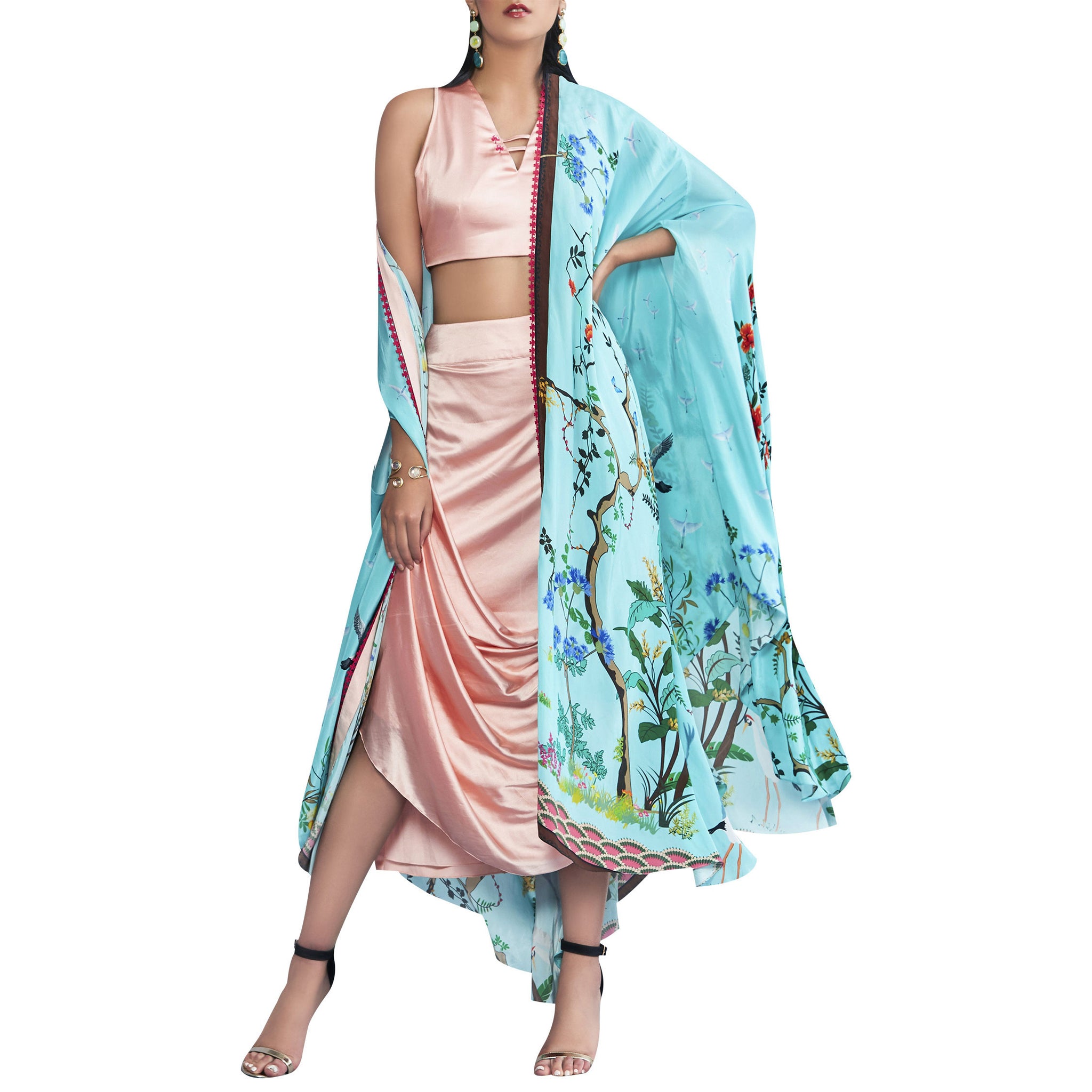 Printed Cape with Embroidered Top and Draped Skirt