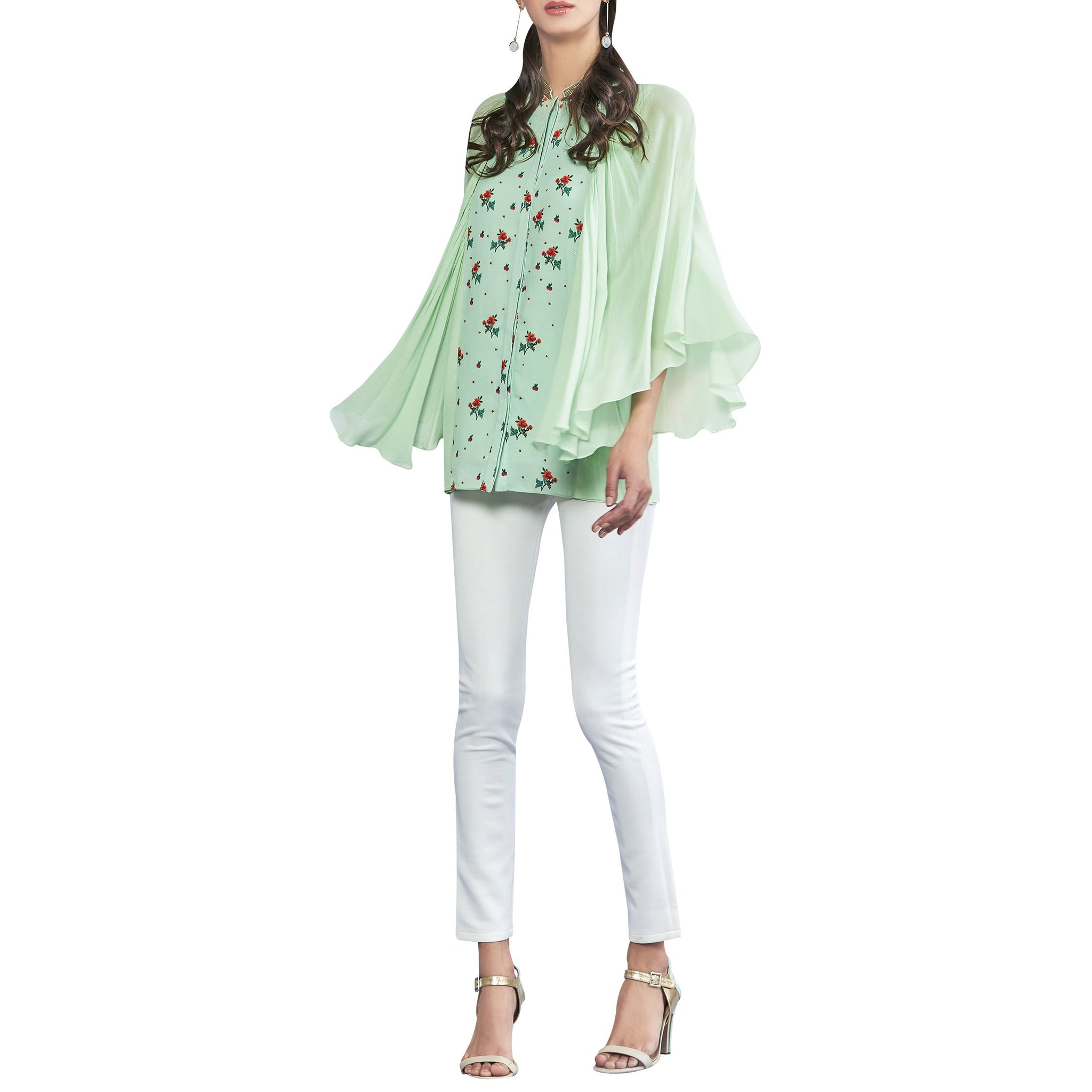 Embroidered Top with Draped Sleeves