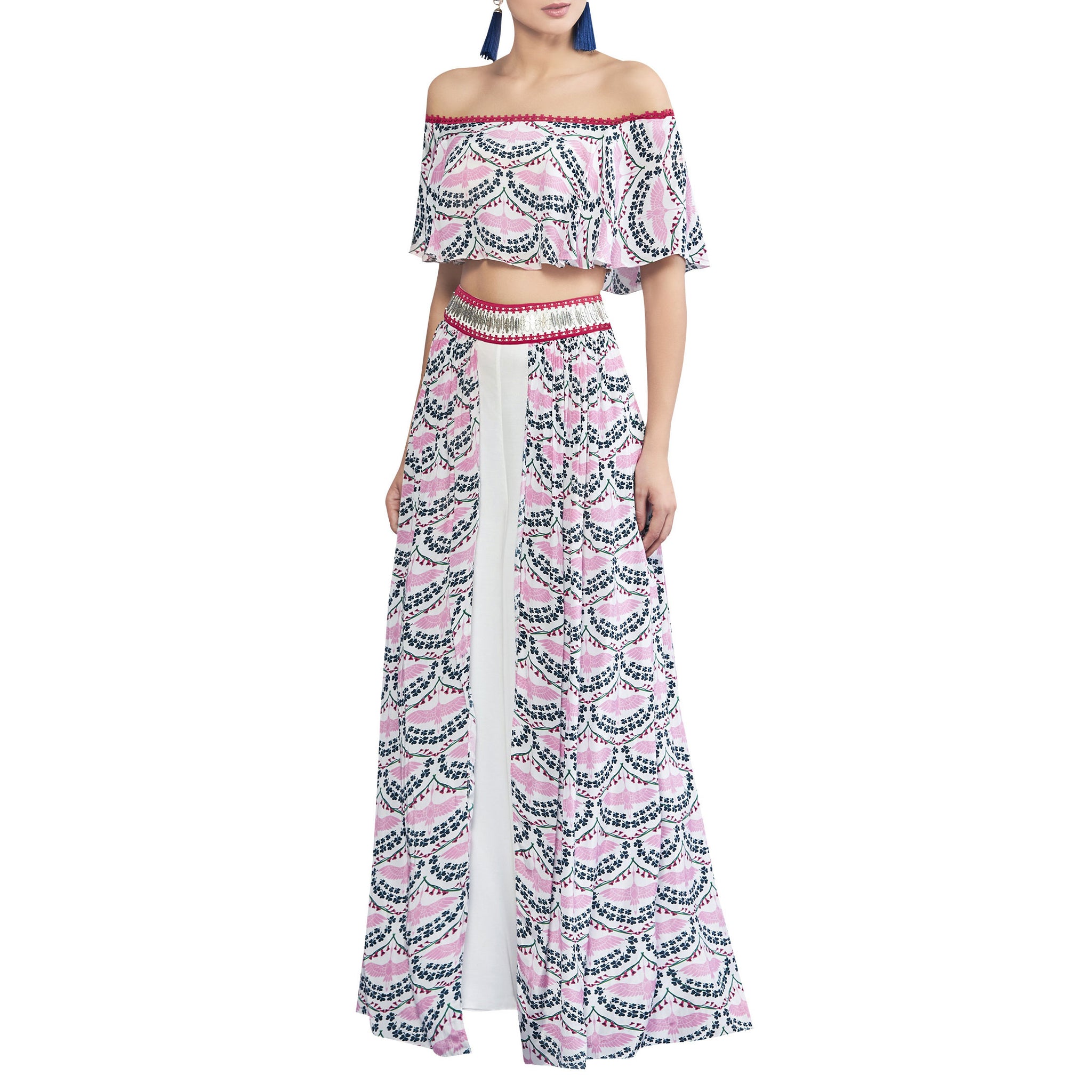 Embroidered Printed Crop Top Set