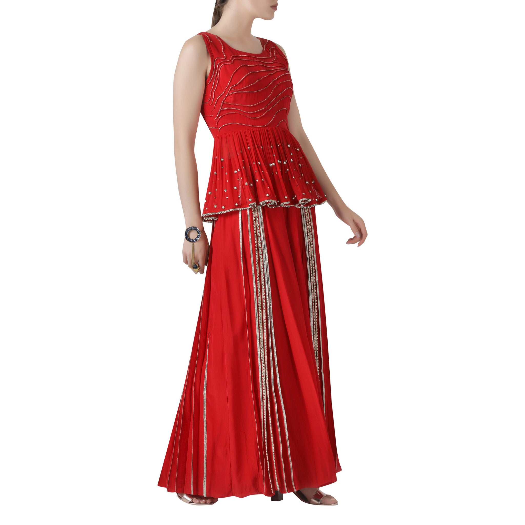 Embroidered Peplum Top and Gold Pleated Pants Set