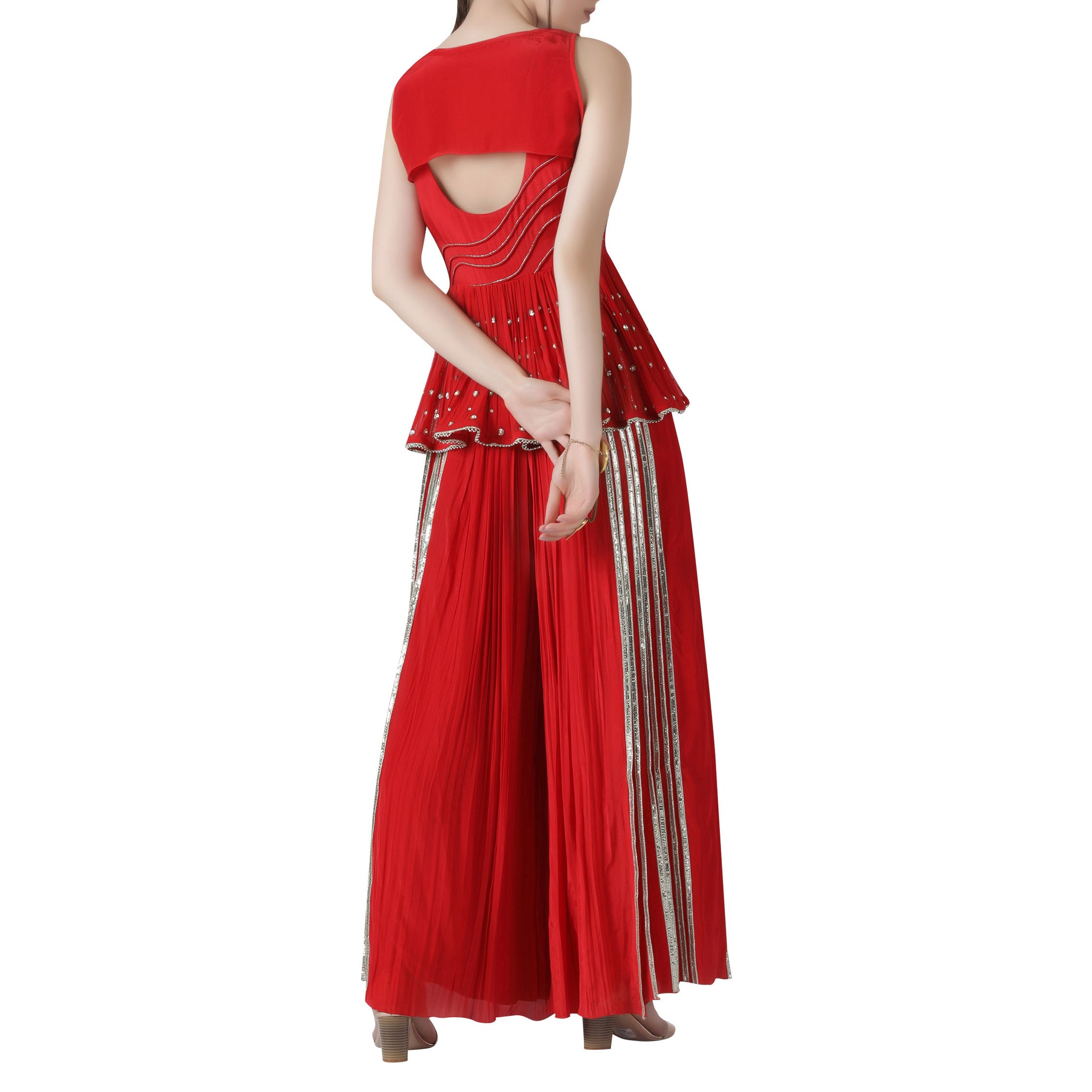 Embroidered Peplum Top and Gold Pleated Pants Set