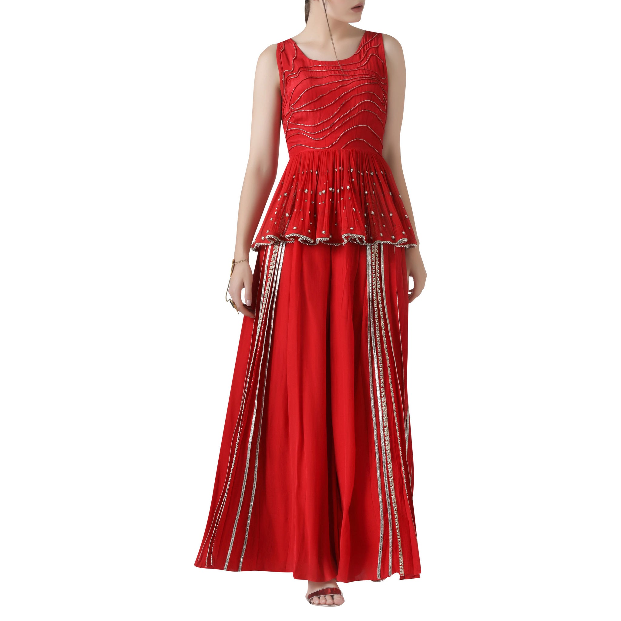 Embroidered Peplum Top and Gold Pleated Pants Set