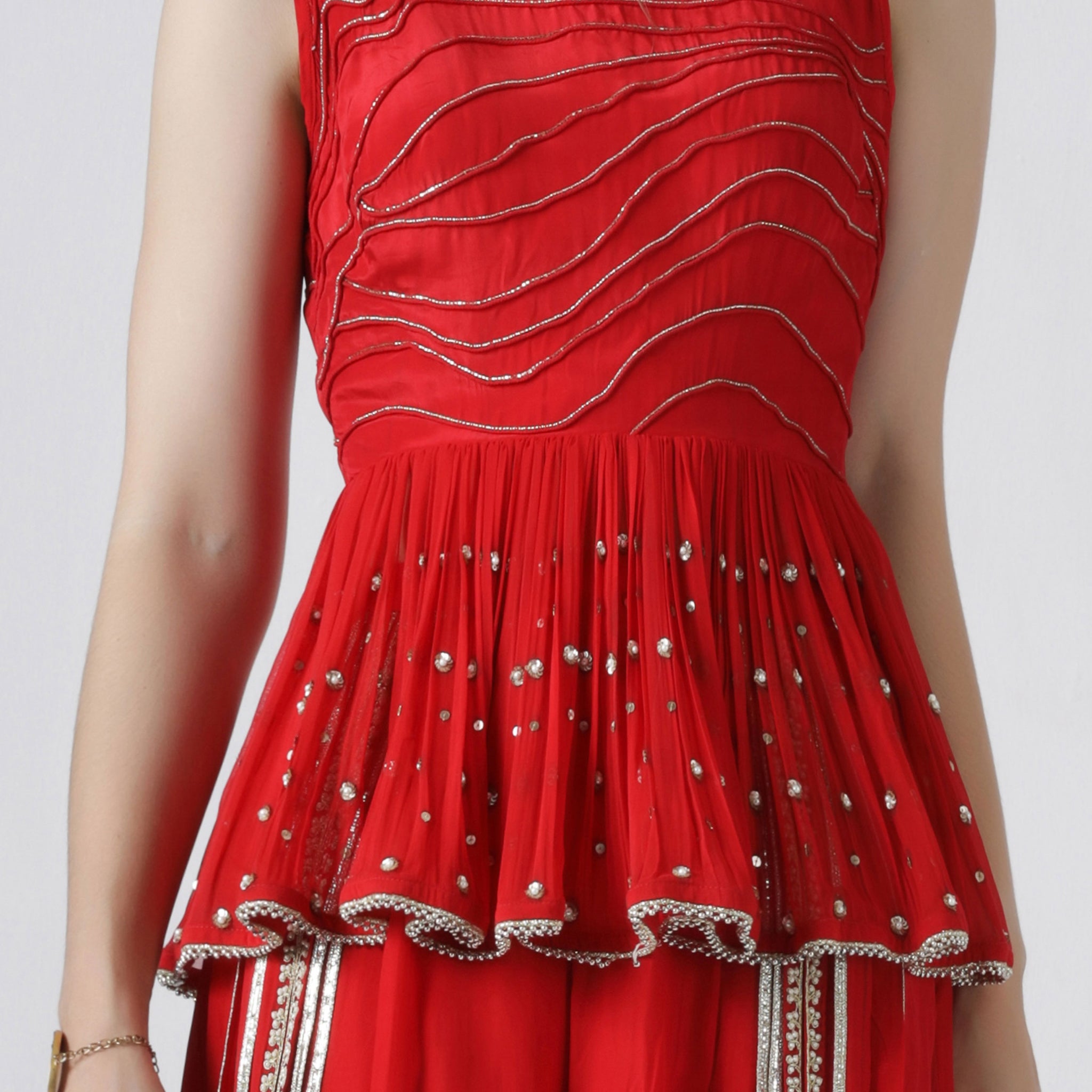 Embroidered Peplum Top and Gold Pleated Pants Set