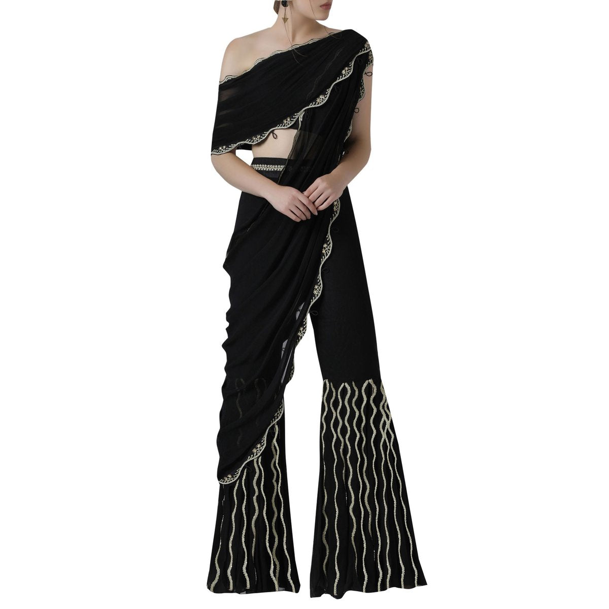 Embroidered Draped Blouse with Pleated Sharara pants