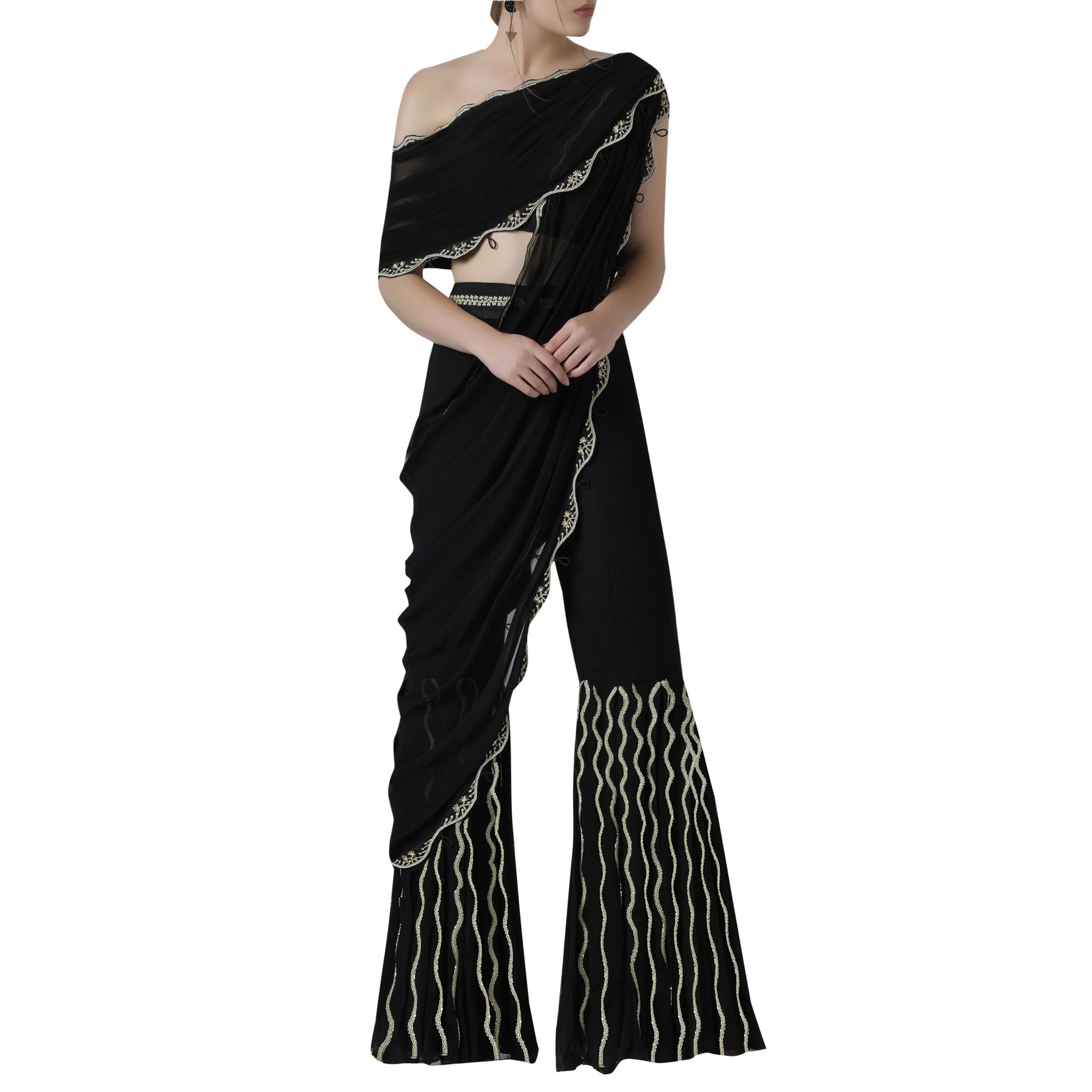 Double Drape One Shoulder Blouse with Pleated Sharara pants