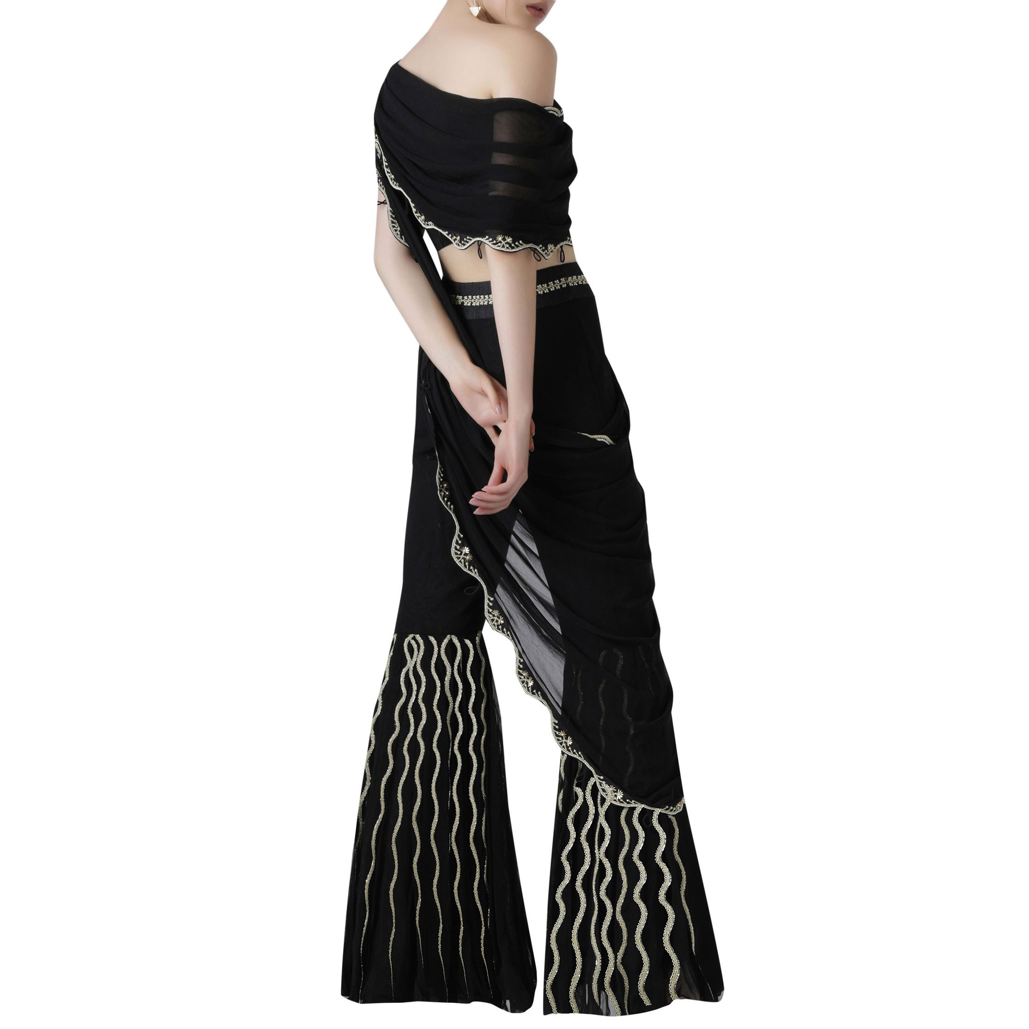 Double Drape One Shoulder Blouse with Pleated Sharara pants