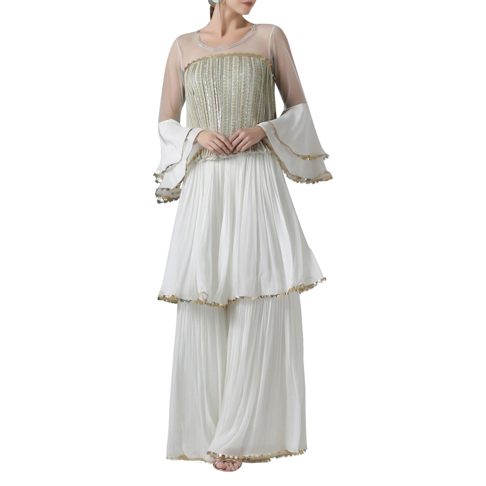 Pearl Embellished Pleated Blouse With and Layered Palazzo Set