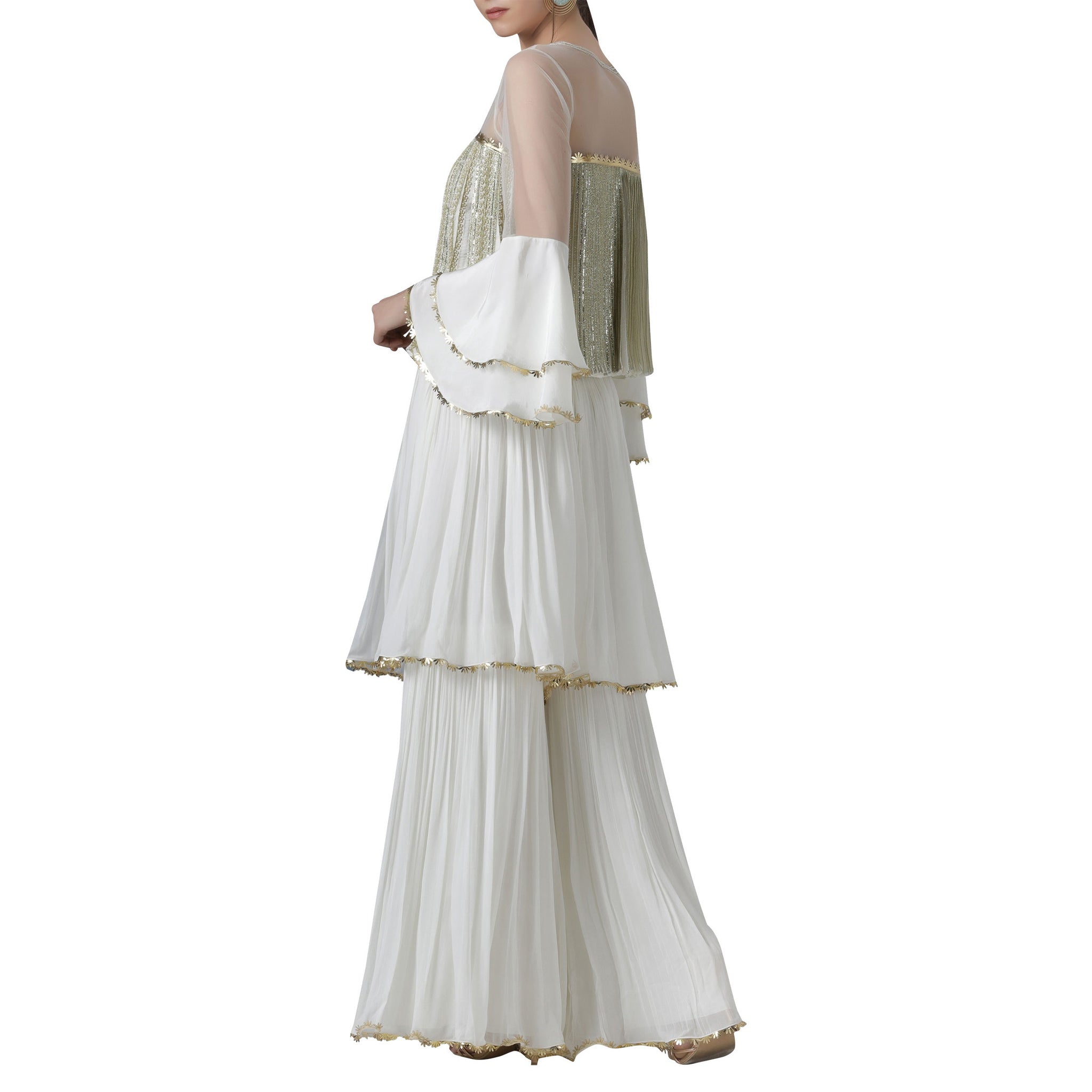 Pearl Embellished Pleated Blouse With and Layered Palazzo Set
