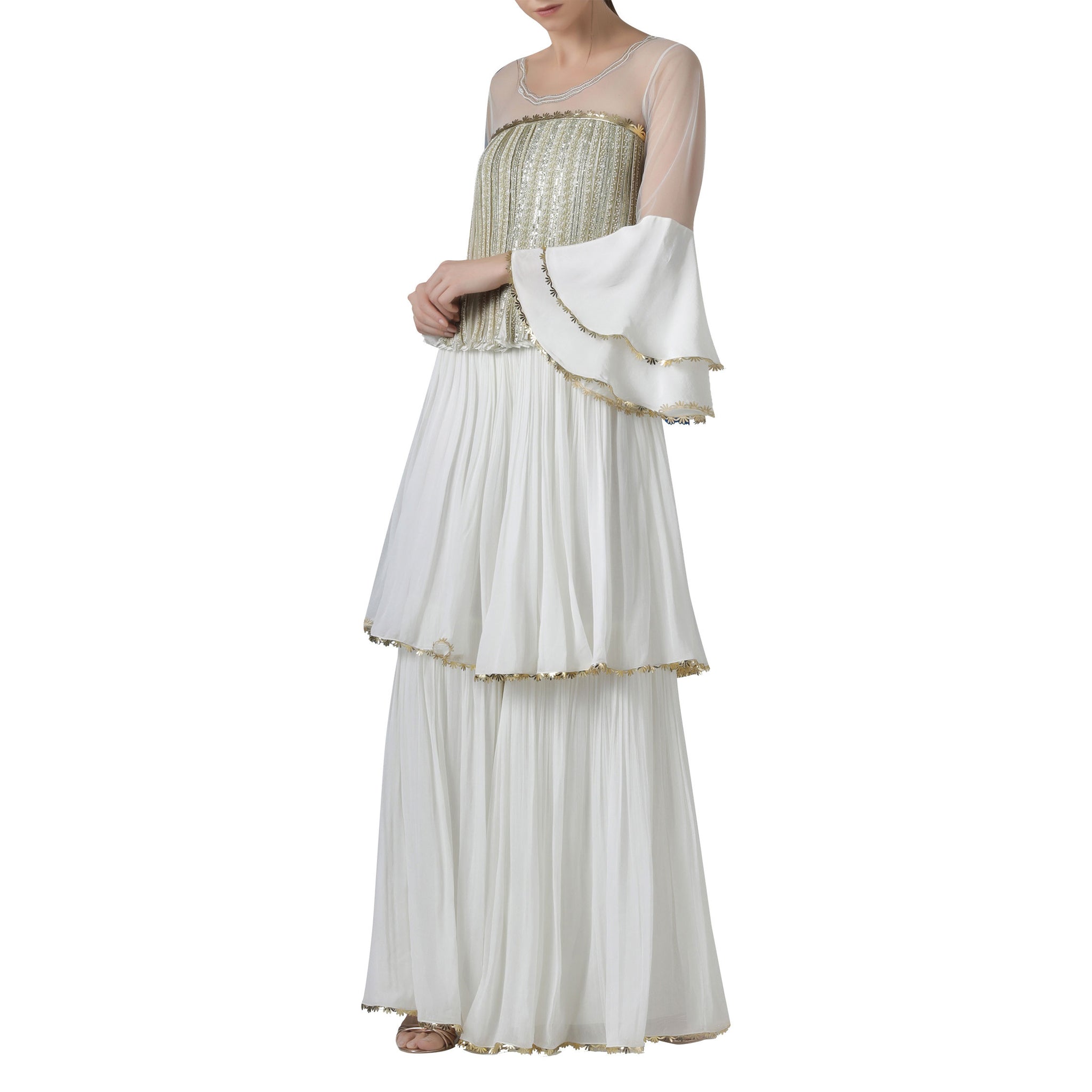 Pearl Embellished Pleated Blouse With and Layered Palazzo Set
