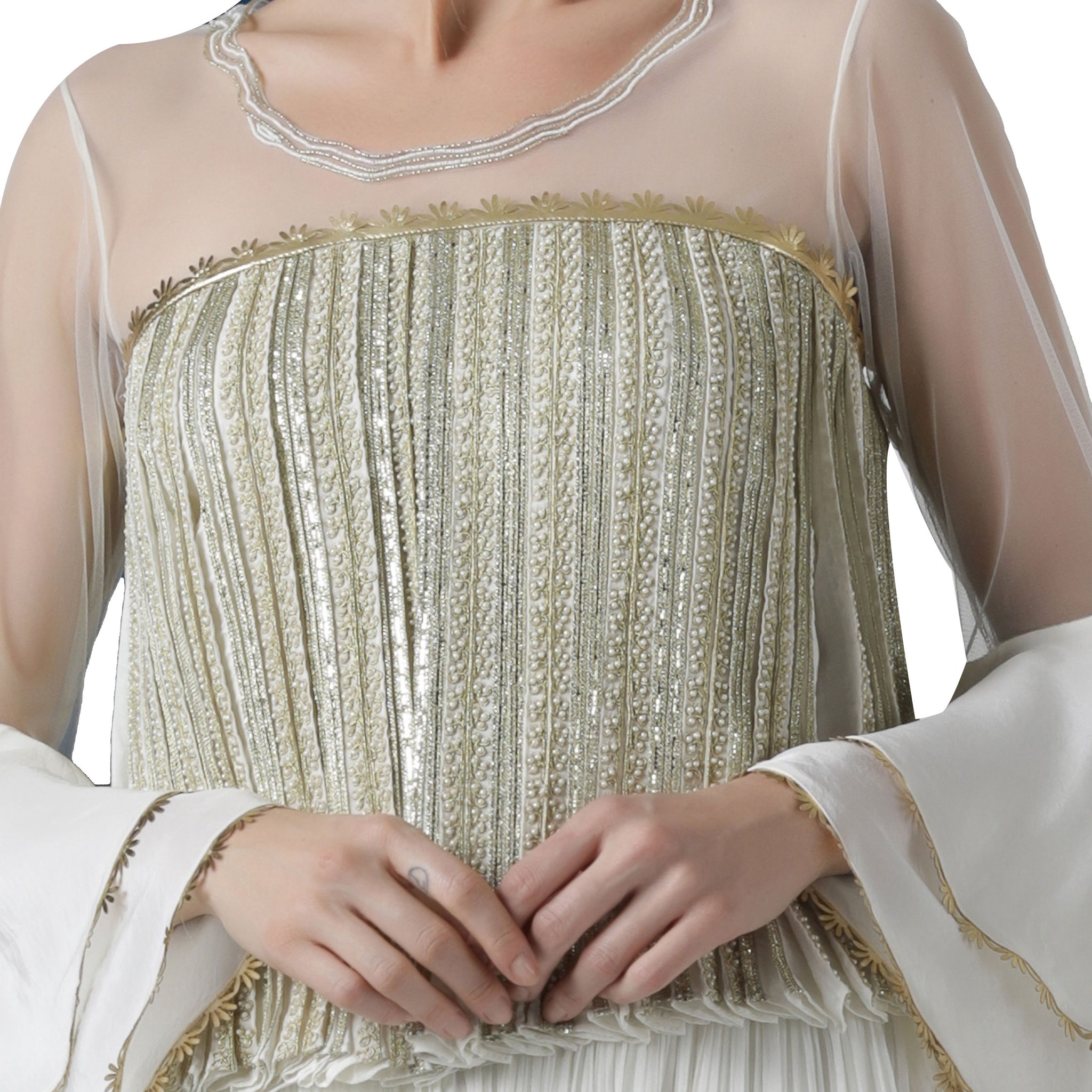 Pearl Embellished Pleated Blouse With and Layered Palazzo Set