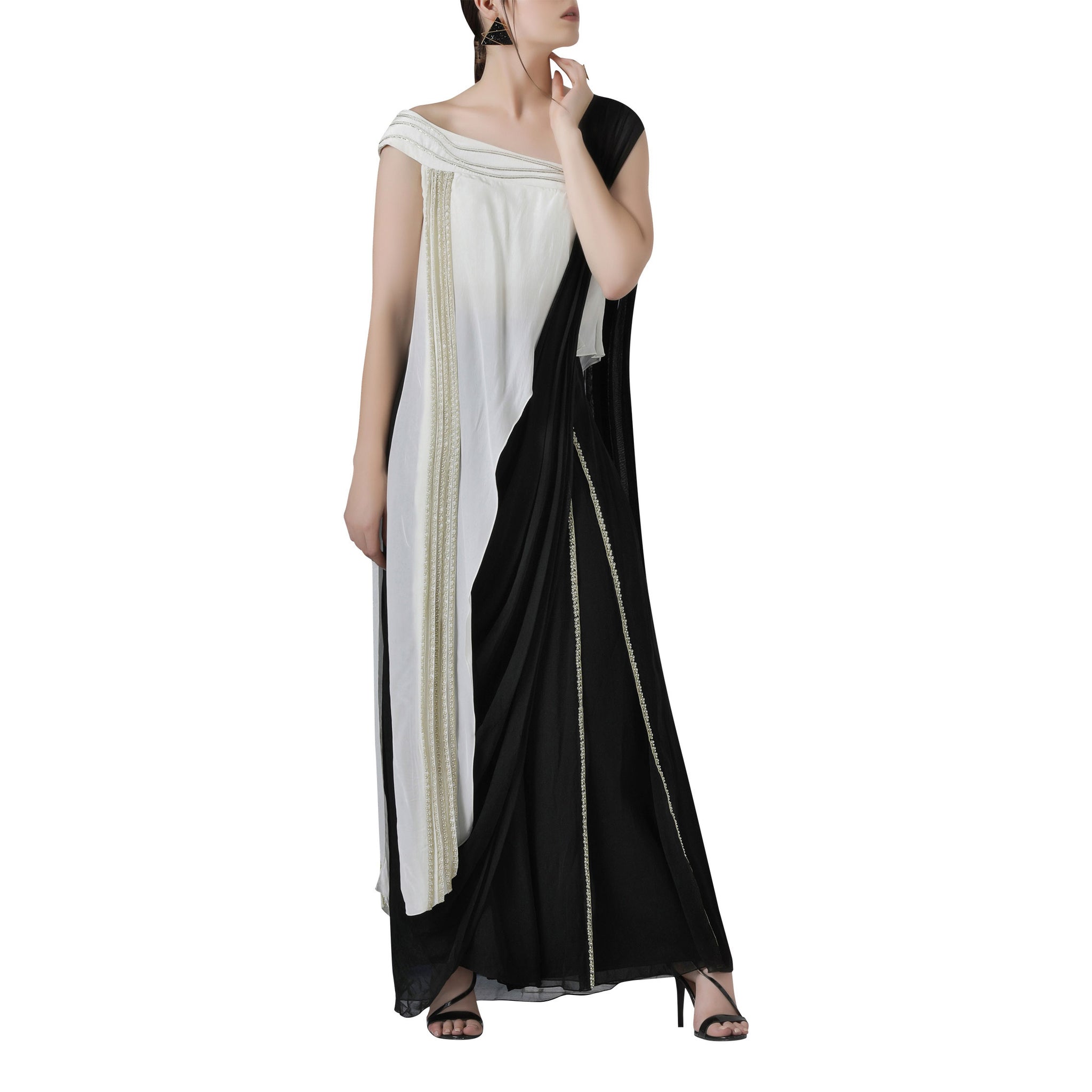 Embroidered One Shoulder Top with Draped Pants