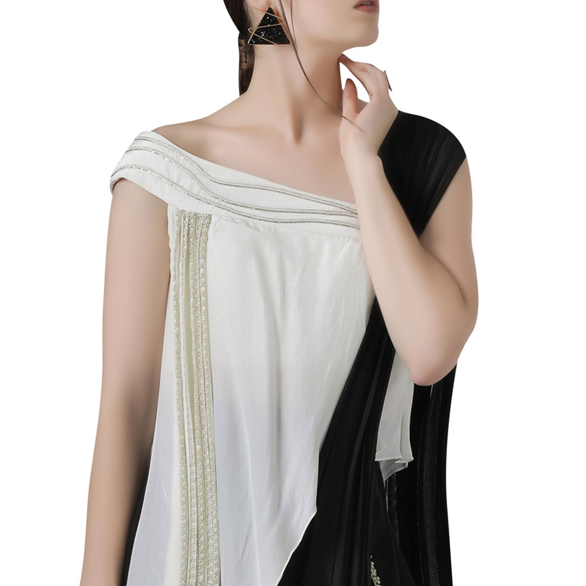 Embroidered One Shoulder Top with Draped Pants