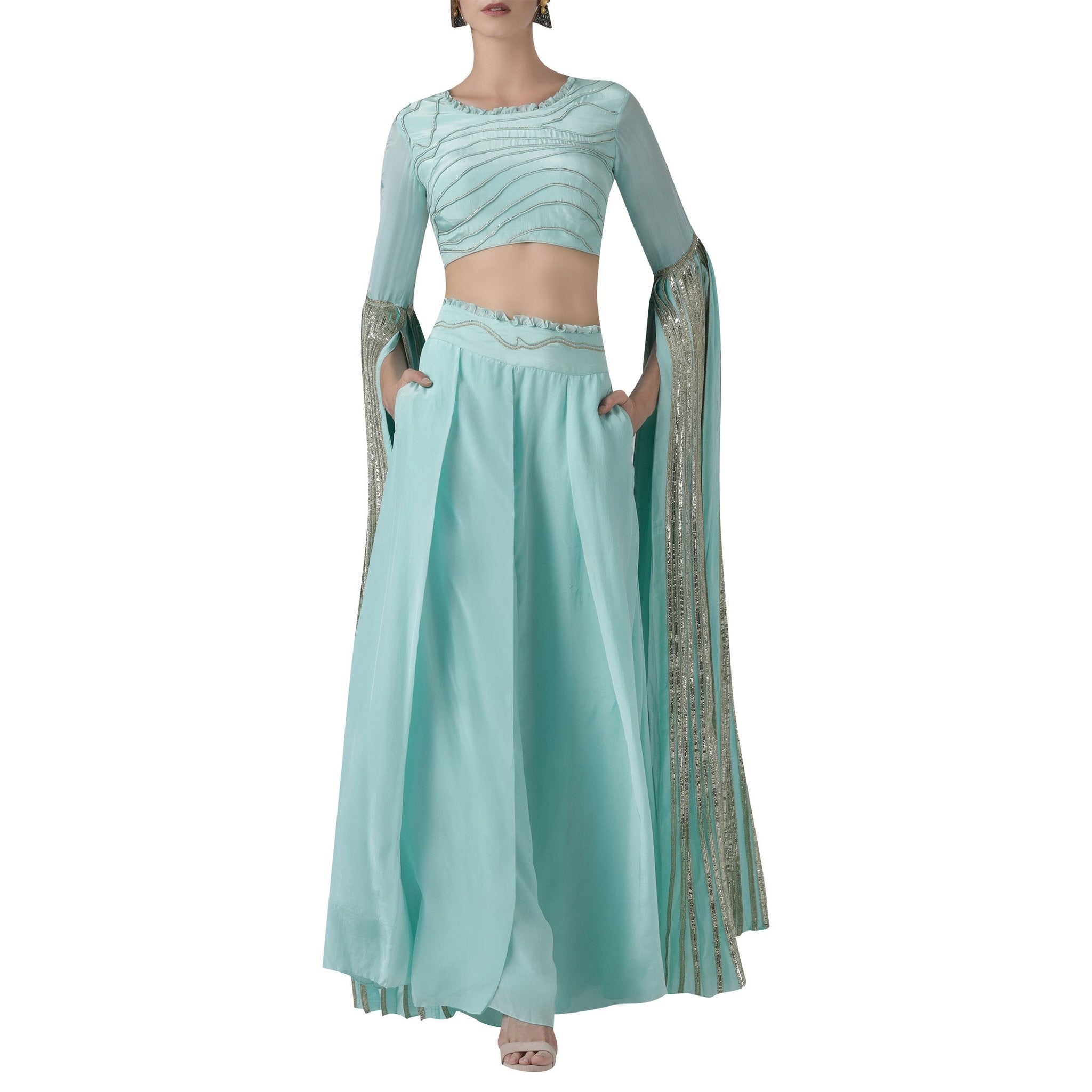 Embroidered Blouse with Exaggerated Sleeves Paired with Wide Legged Pants