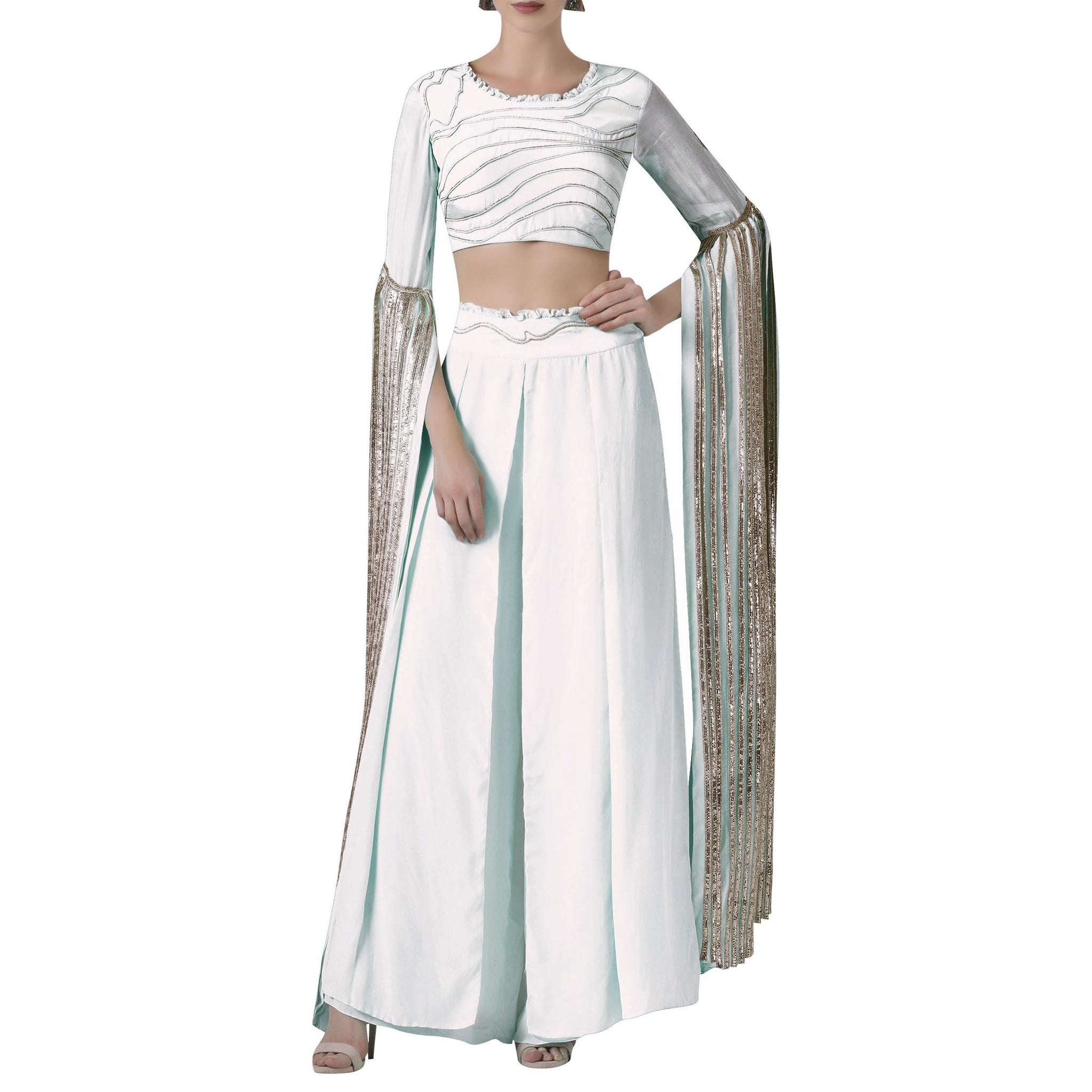 Embroidered Blouse with Exaggerated Sleeves Paired with Wide Legged Pants