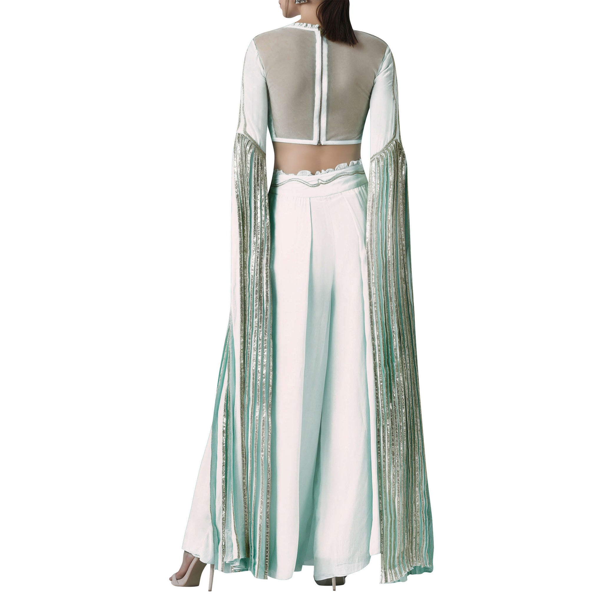 Embroidered Blouse with Exaggerated Sleeves Paired with Wide Legged Pants