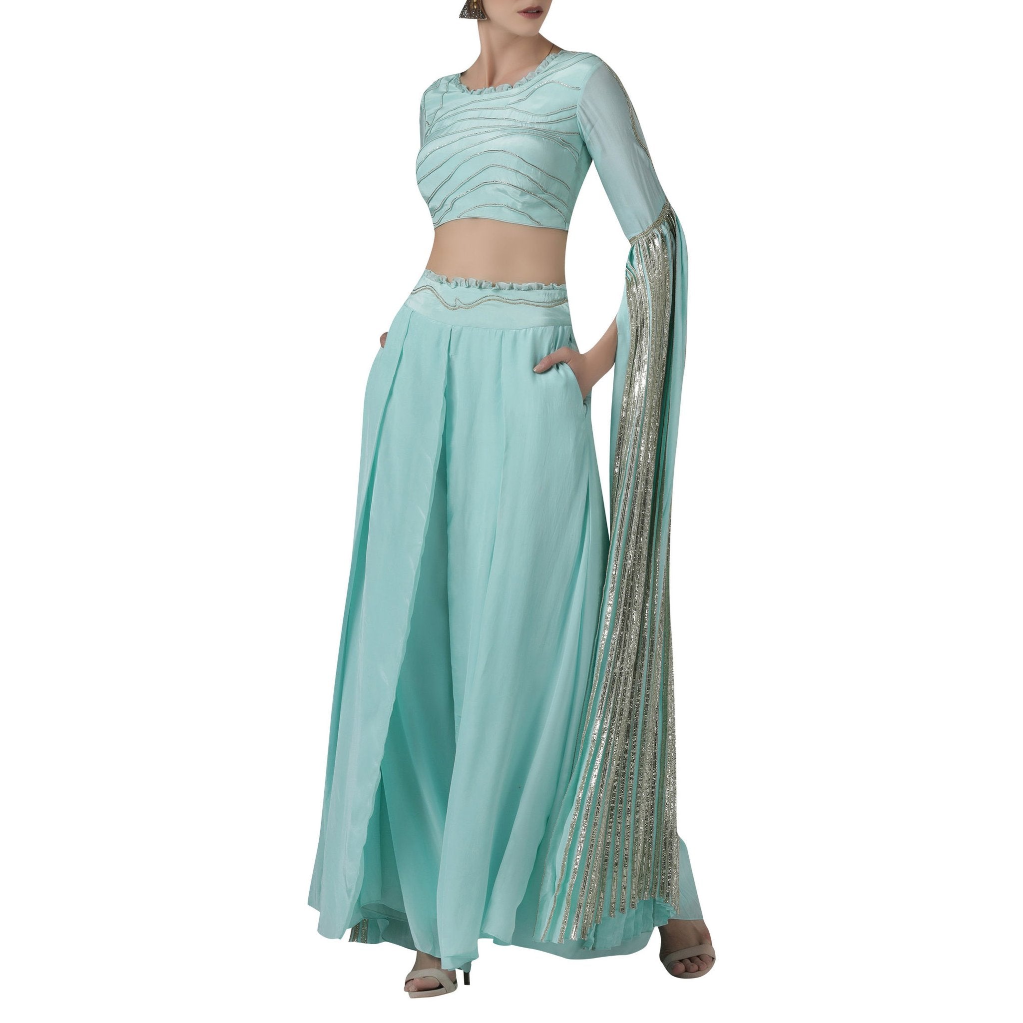 Embroidered Blouse with Exaggerated Sleeves Paired with Wide Legged Pants
