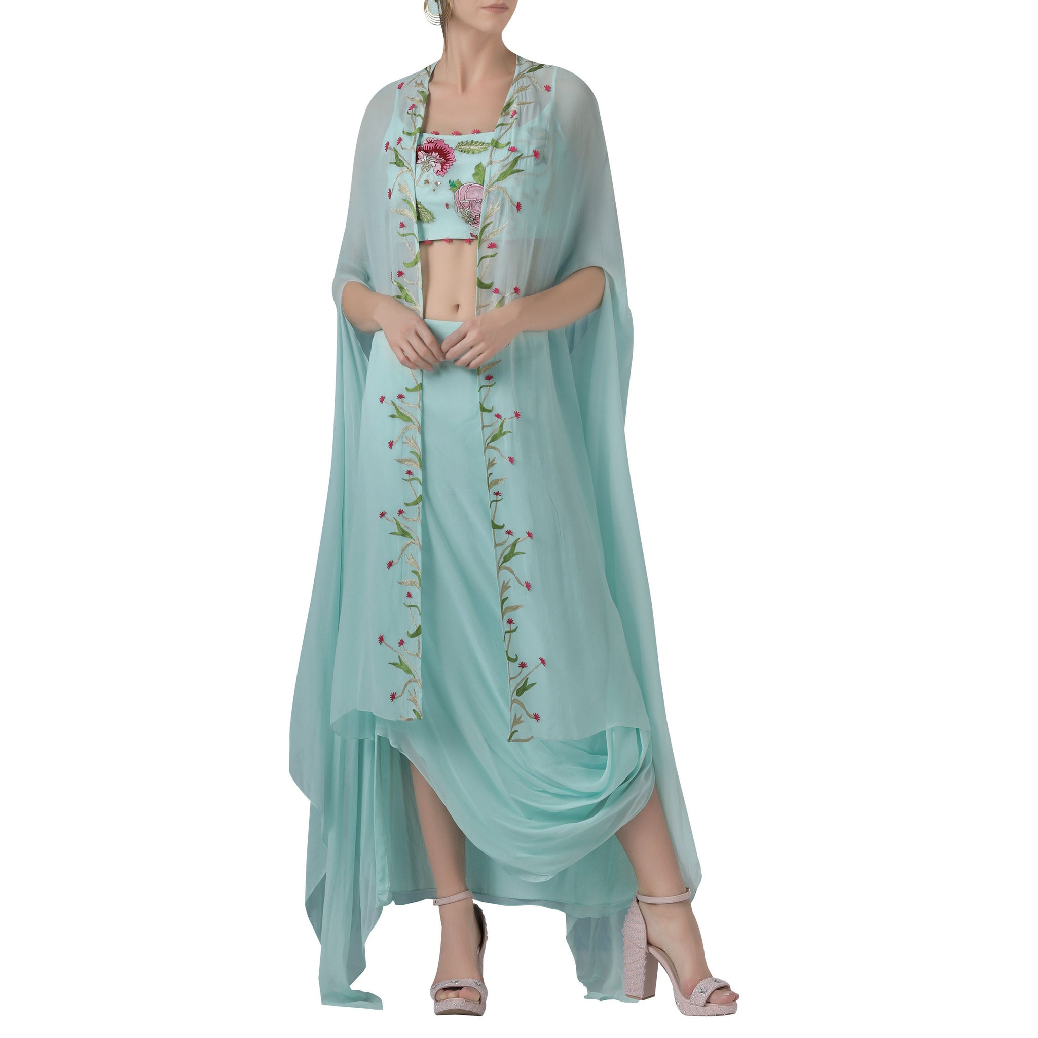 Embroidered Cape with Crop Top & Draped Skirt