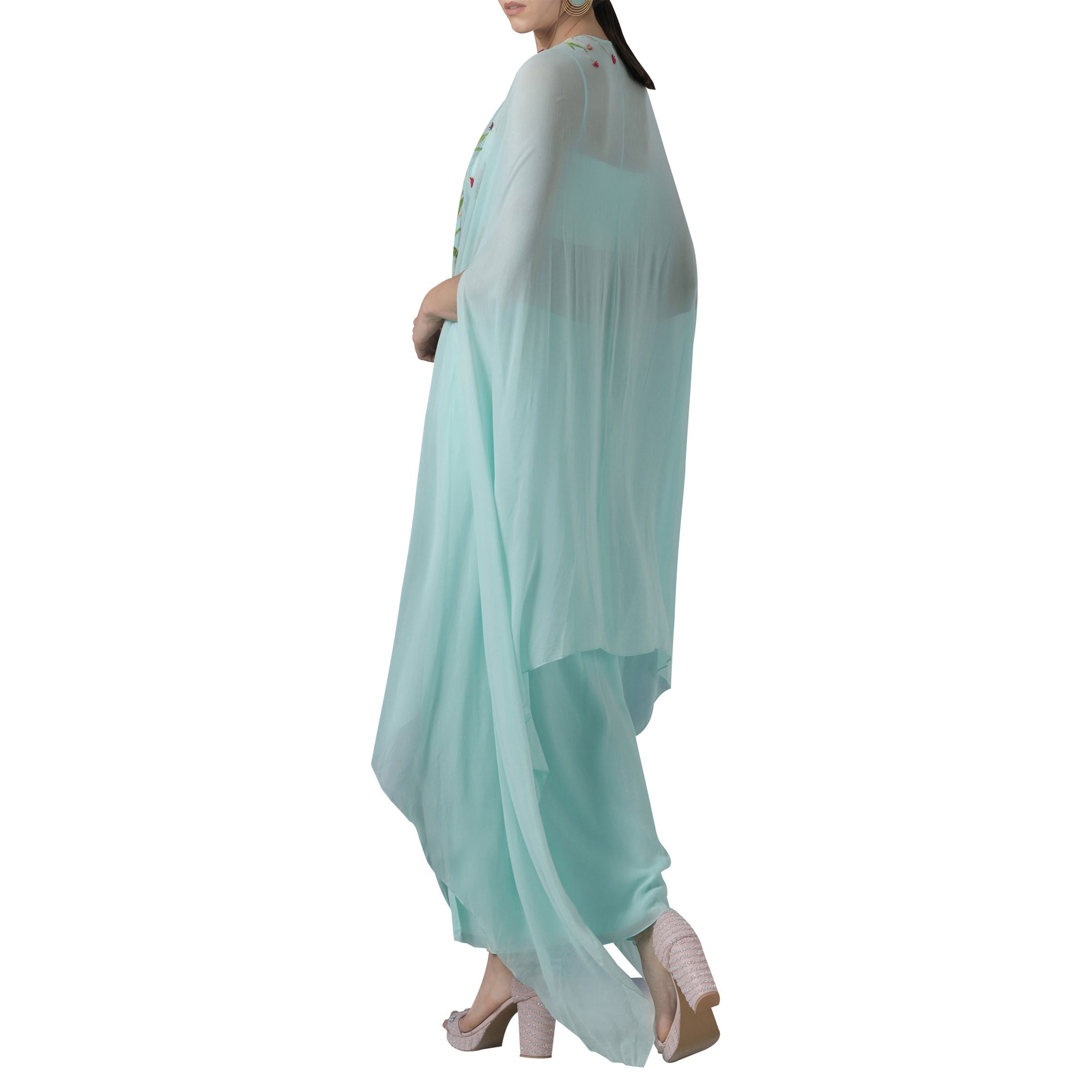 Embroidered Cape with Crop Top & Draped Skirt