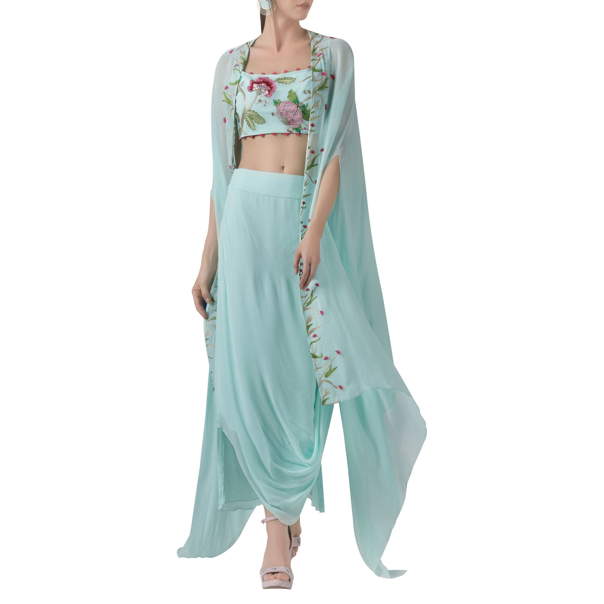 Embroidered Cape with Crop Top & Draped Skirt