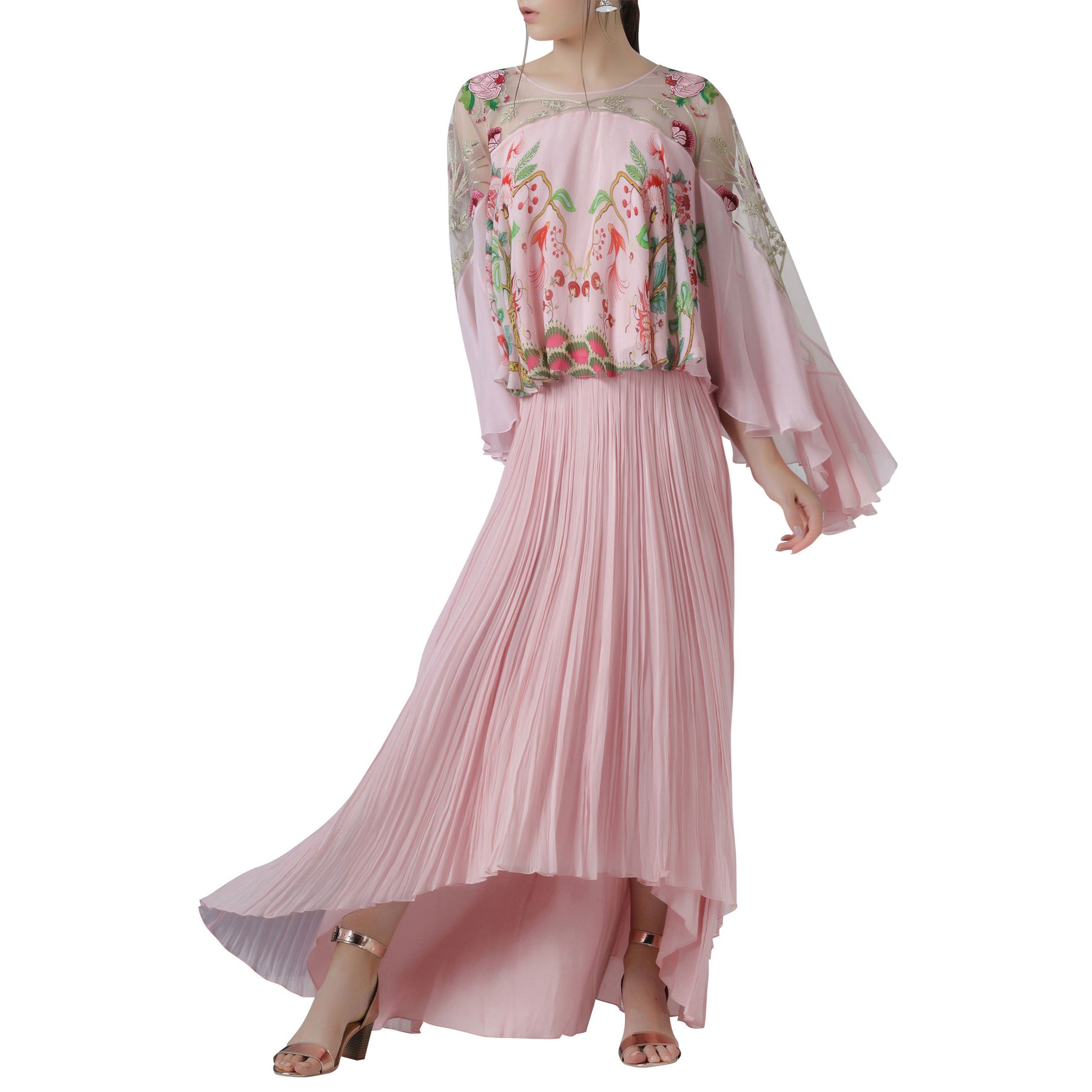 Embroidered and Printed Cape Top with Pleated Skirt