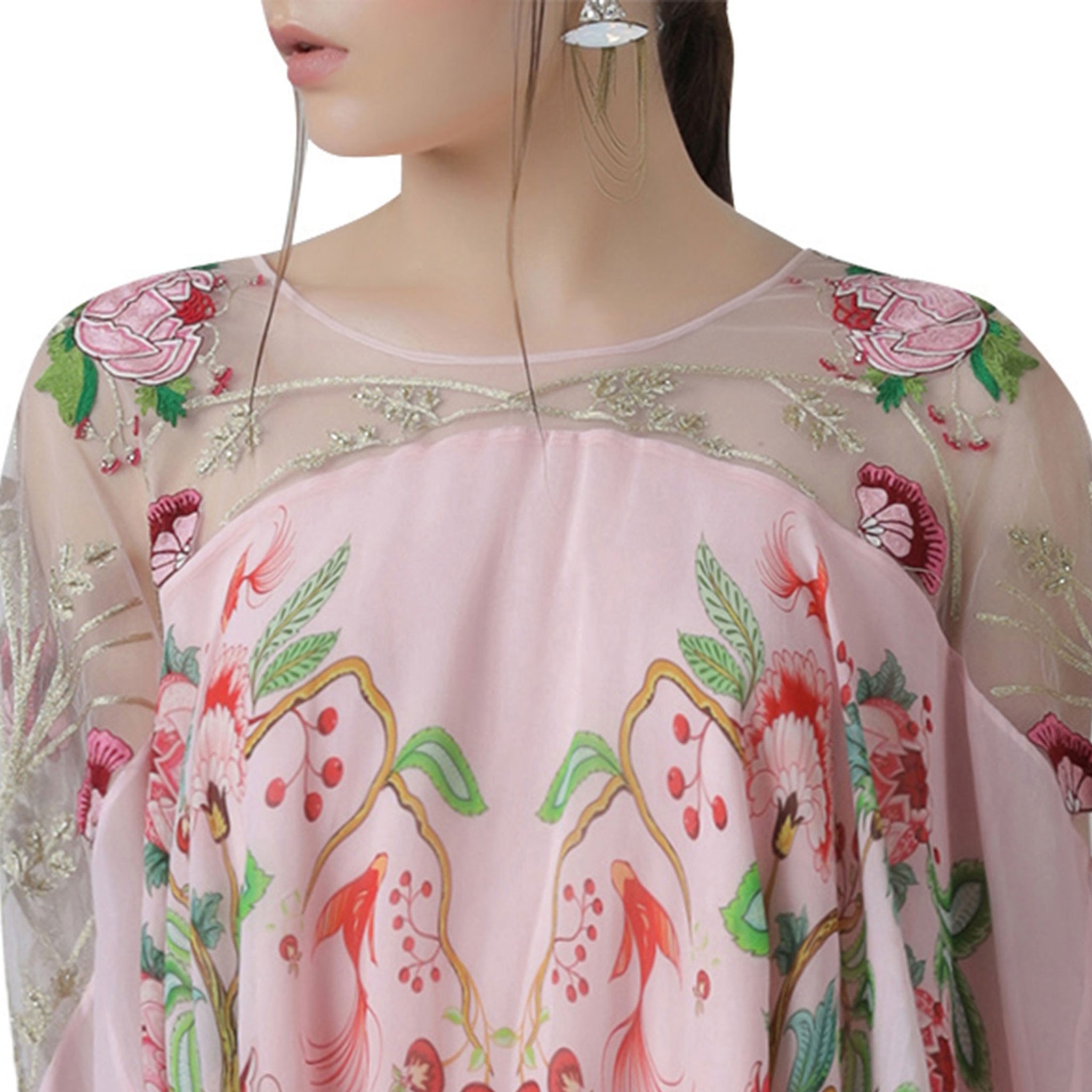Embroidered and Printed Cape Top with Pleated Skirt