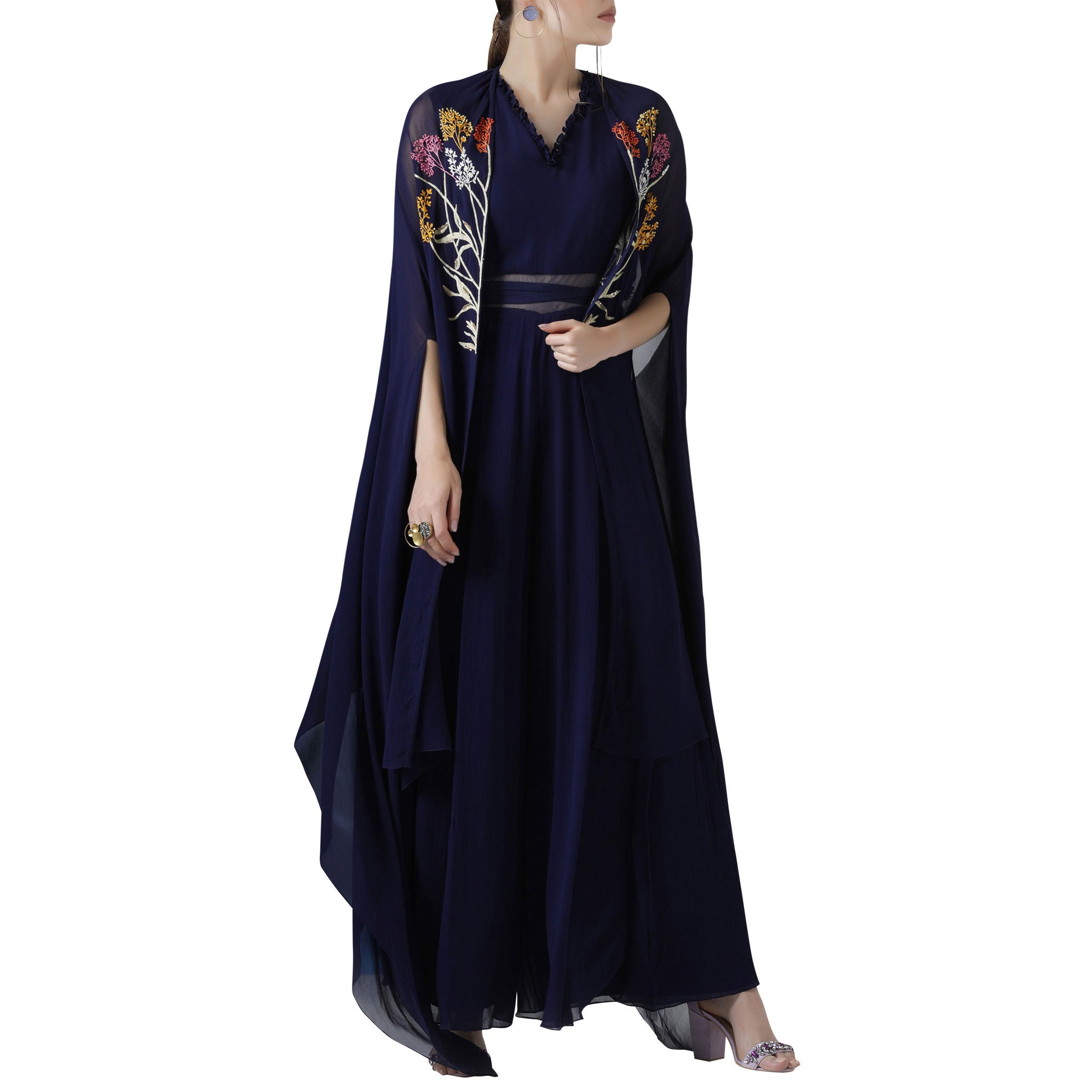 Embroidered Jumpsuit with Cape