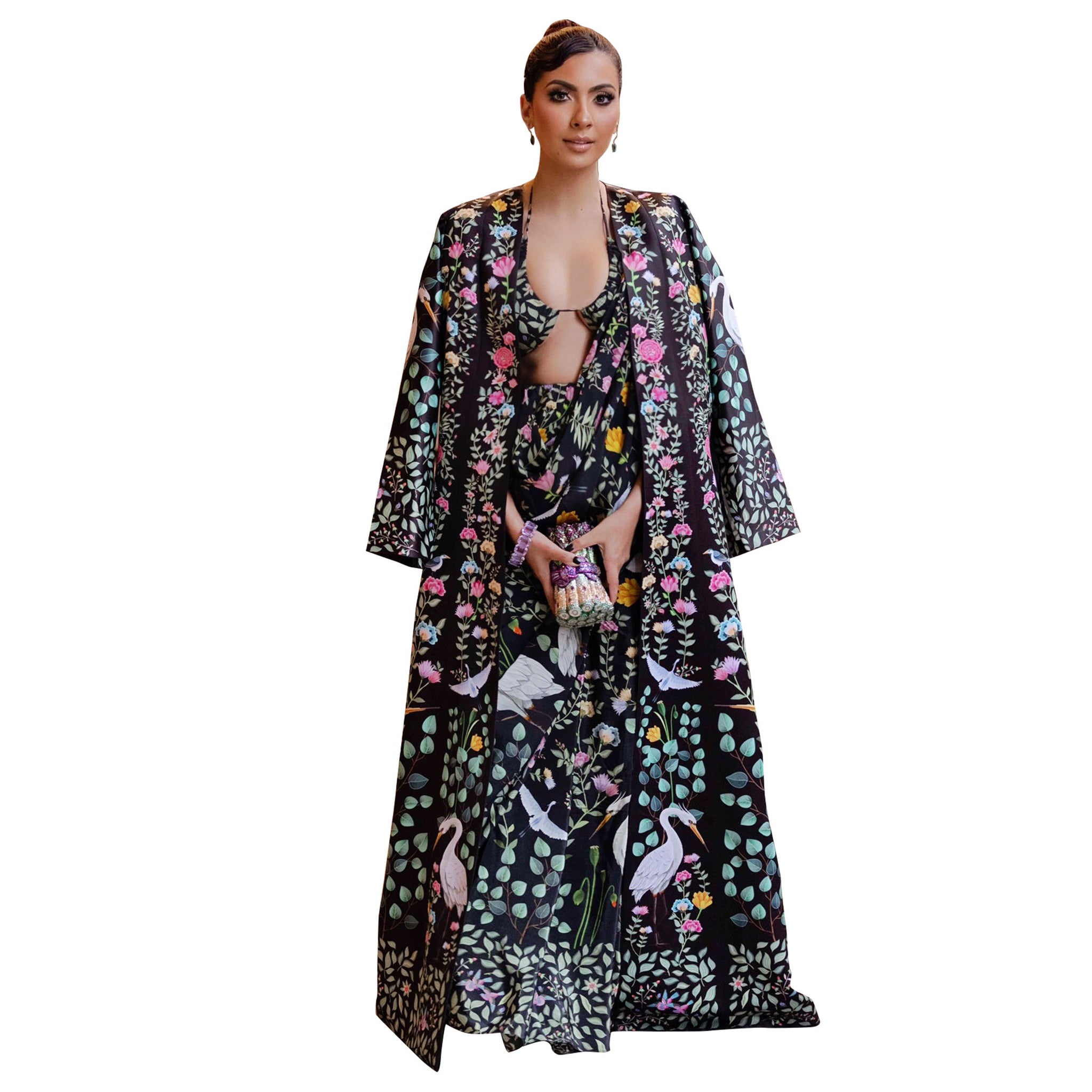 Placement Print Jacket with Sari and Blouse