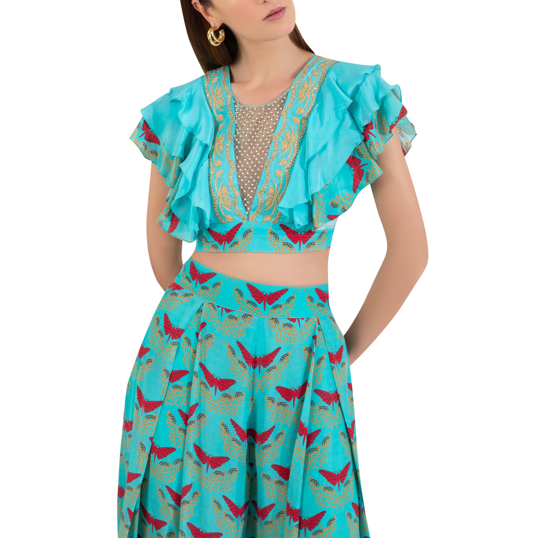 Embroidered Ruffle Top with Printed Pants