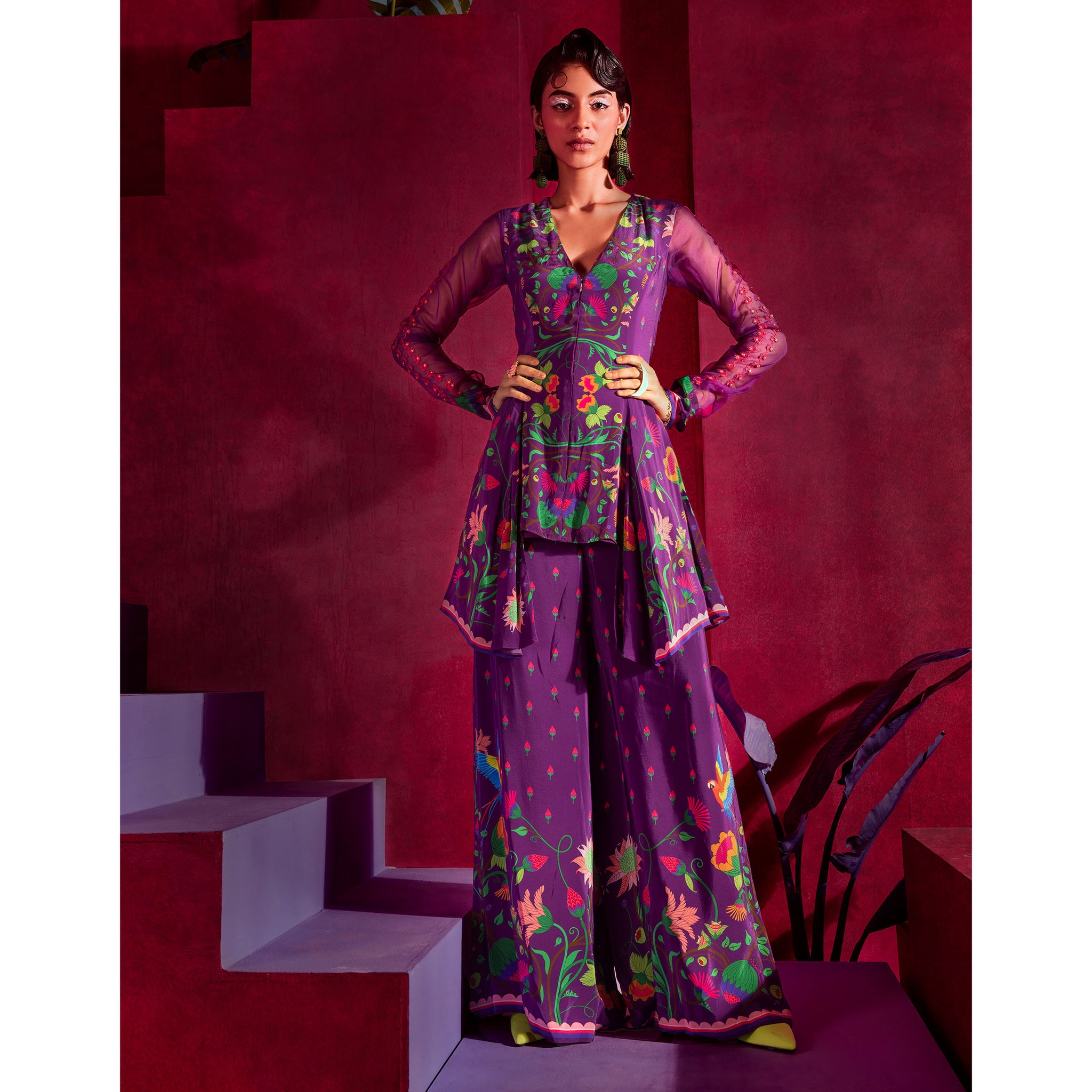Embroidered Peplum Tunic Set
