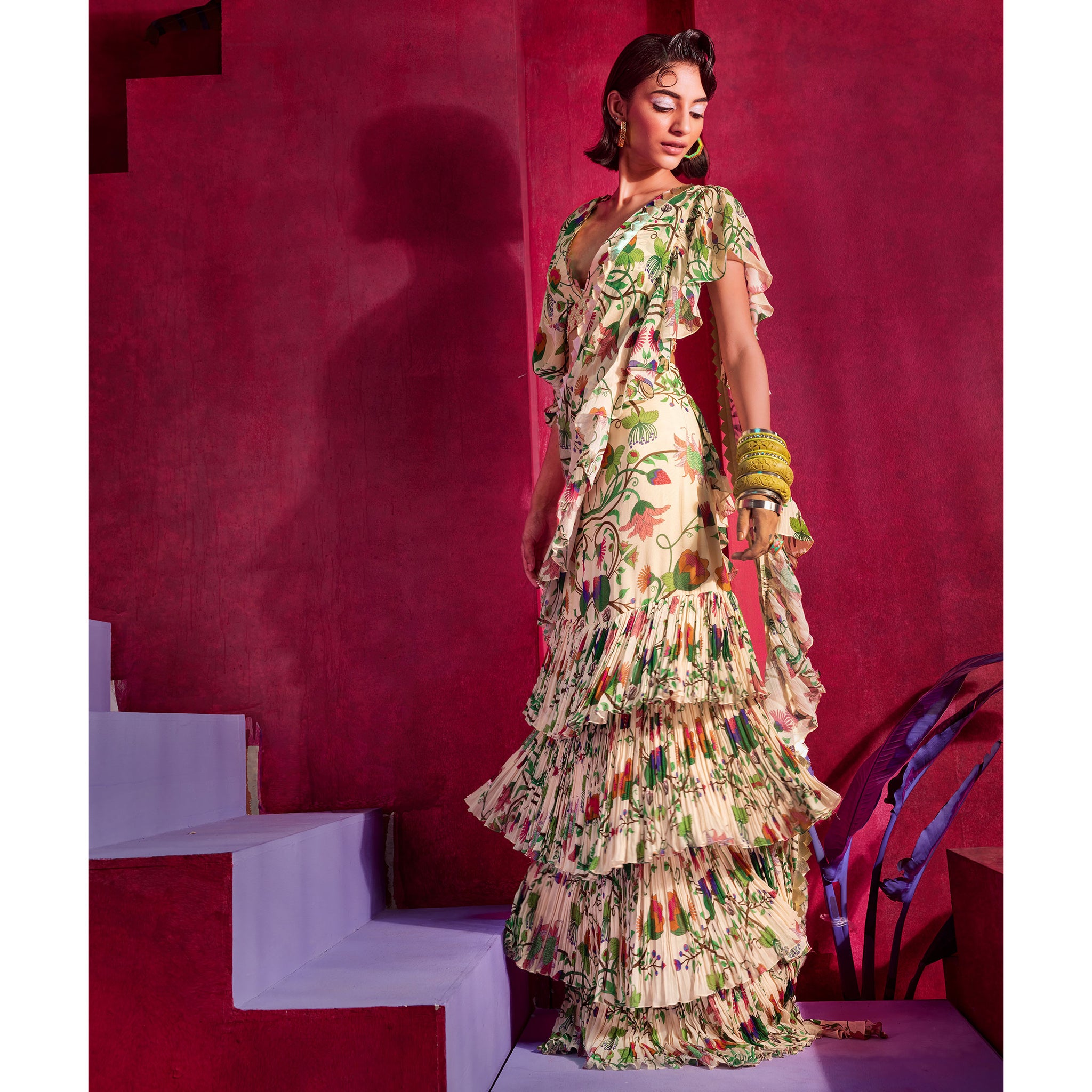 Embroidered Pre-Draped Sari Set