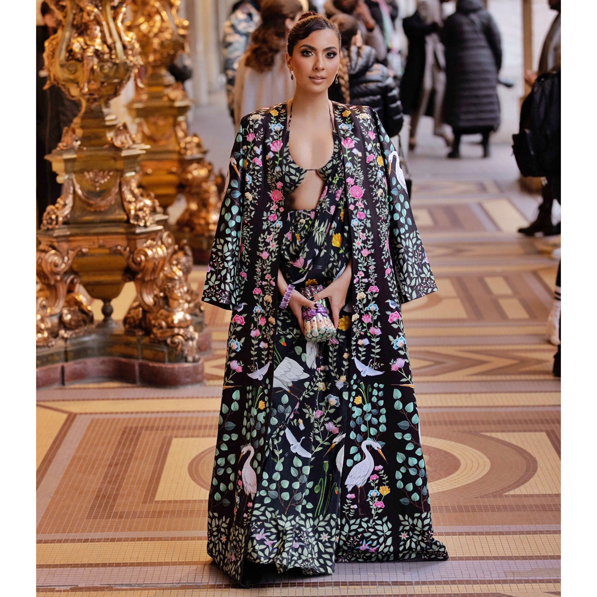 Placement Print Jacket with Sari and Blouse