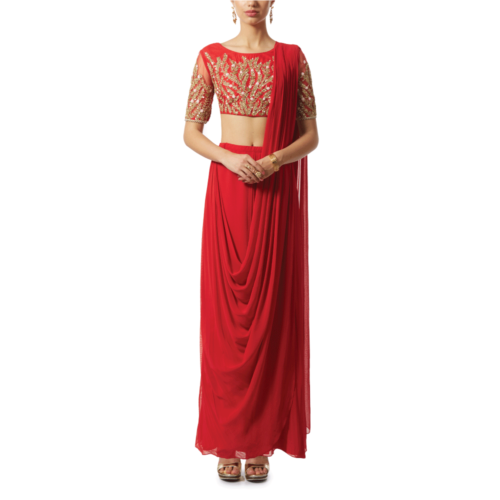 Embroidered Pre Draped Pants Sari