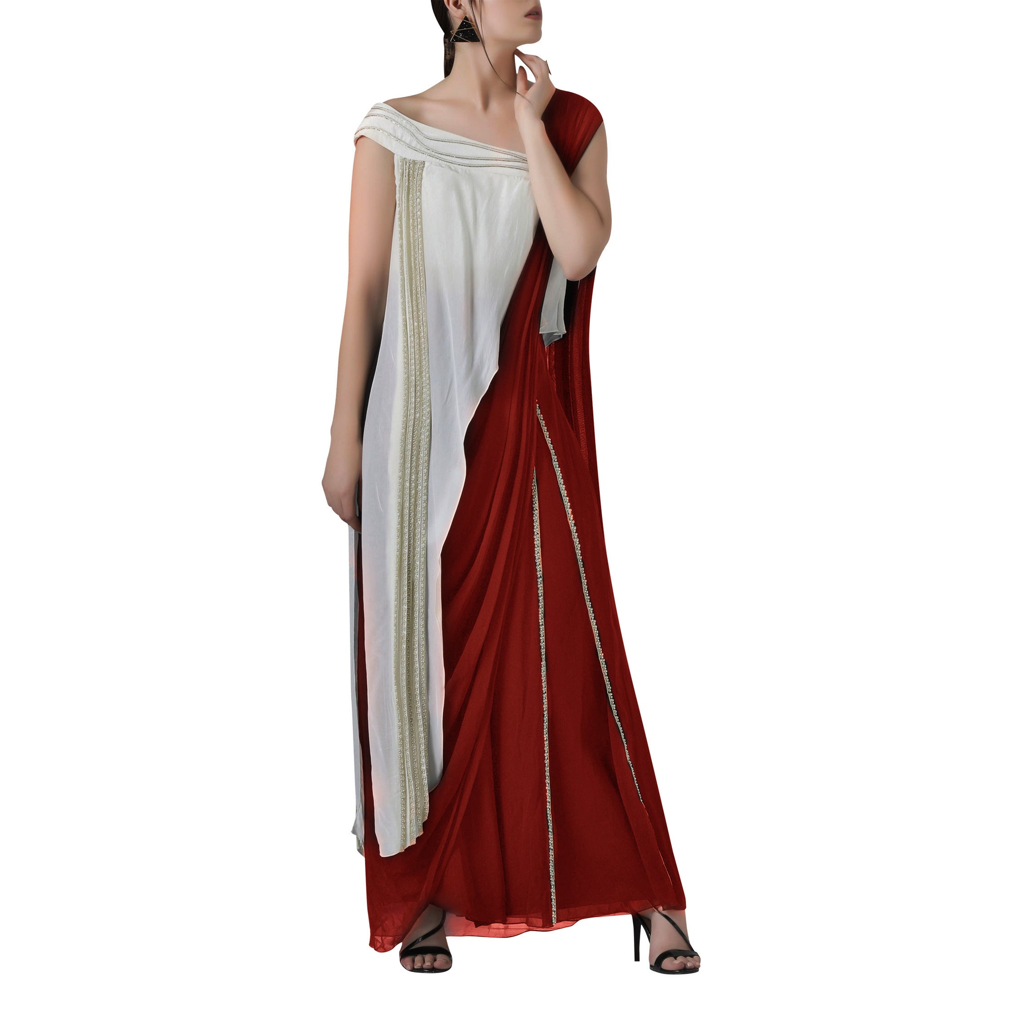 Embroidered One Shoulder Top with Draped Pants