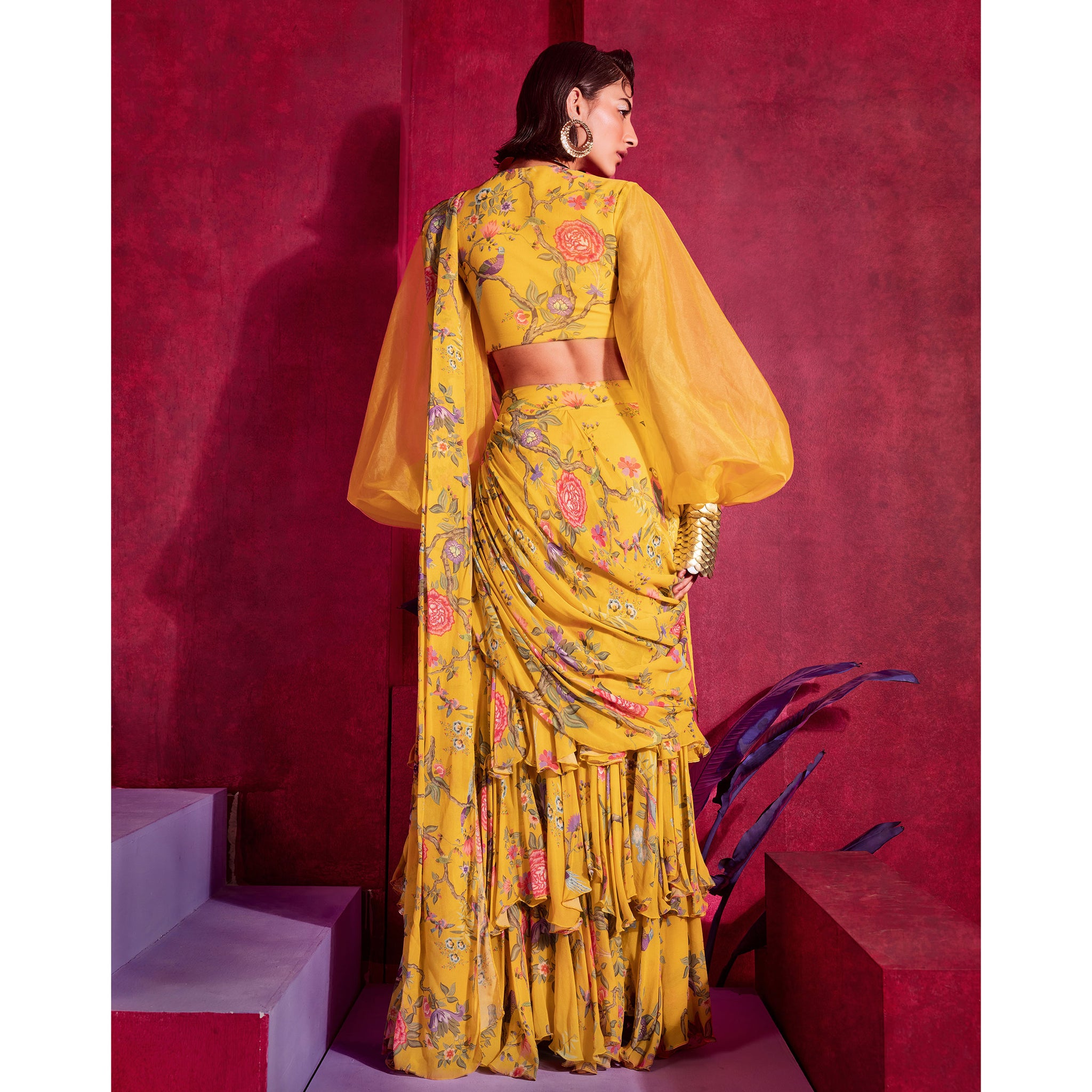Embroidered Pre-draped Sari Set