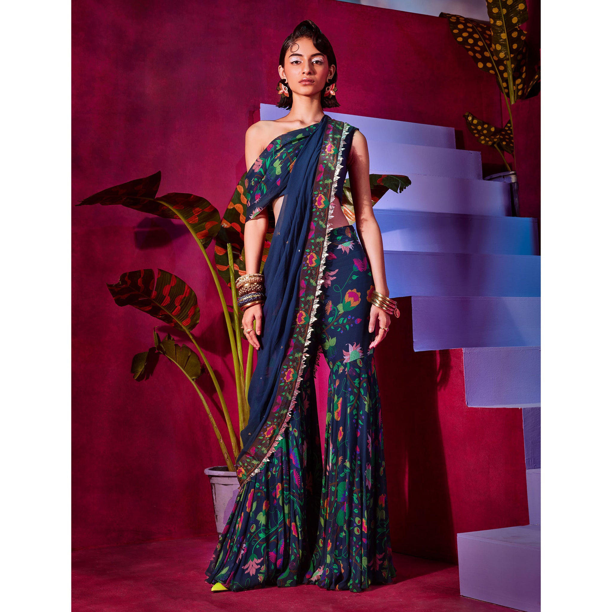 Draped Blouse with Pleated Sharara pants