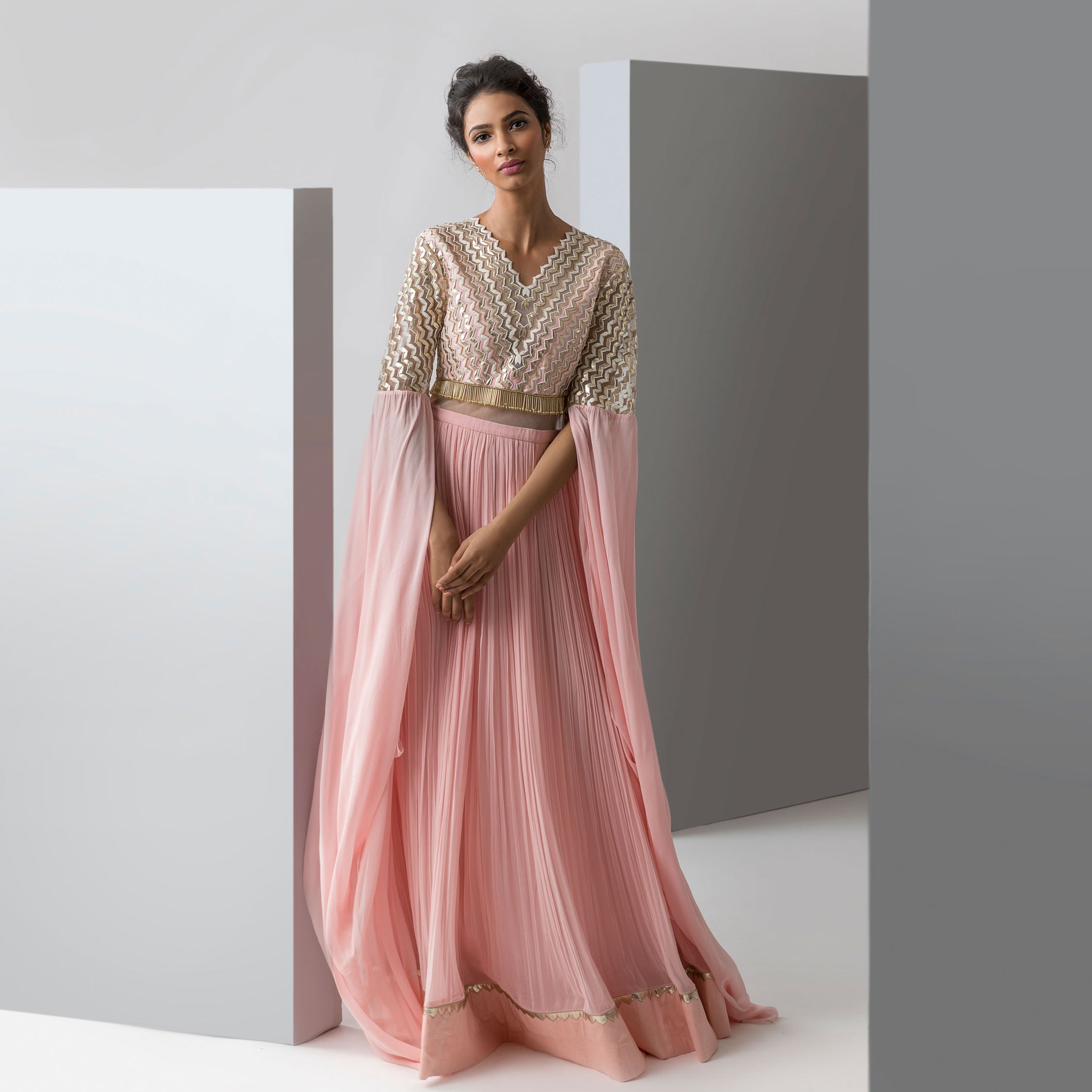 Embroidered Gown with Exaggerated Sleeves
