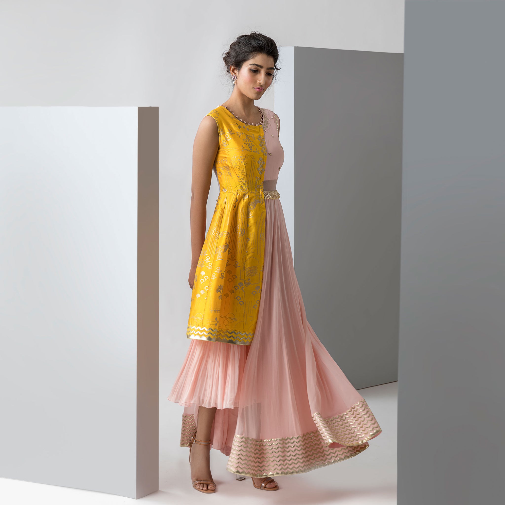 Embroidered and Printed Asymmetrical Kurta with Churidar