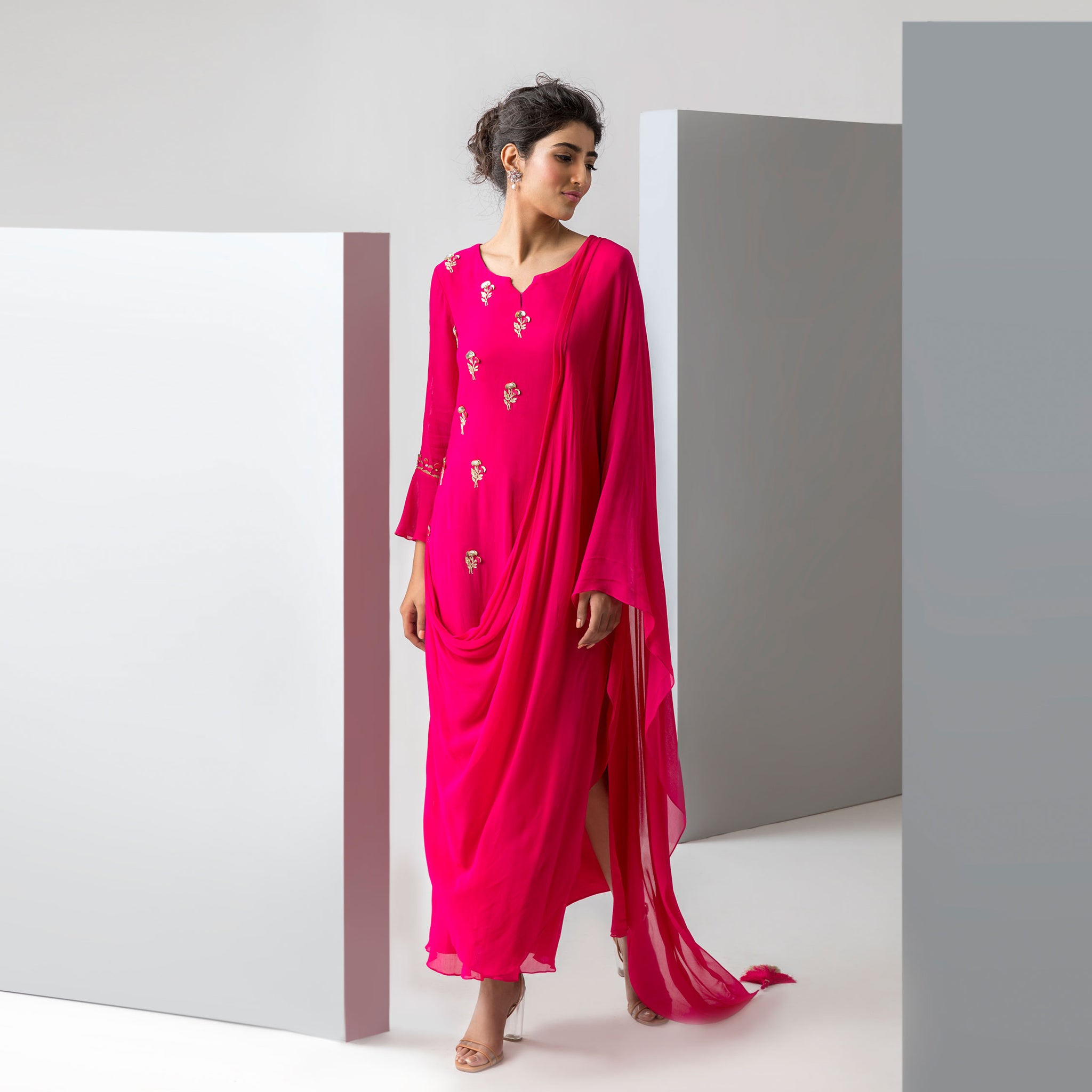 Embroidered Draped Kurta with Churidar