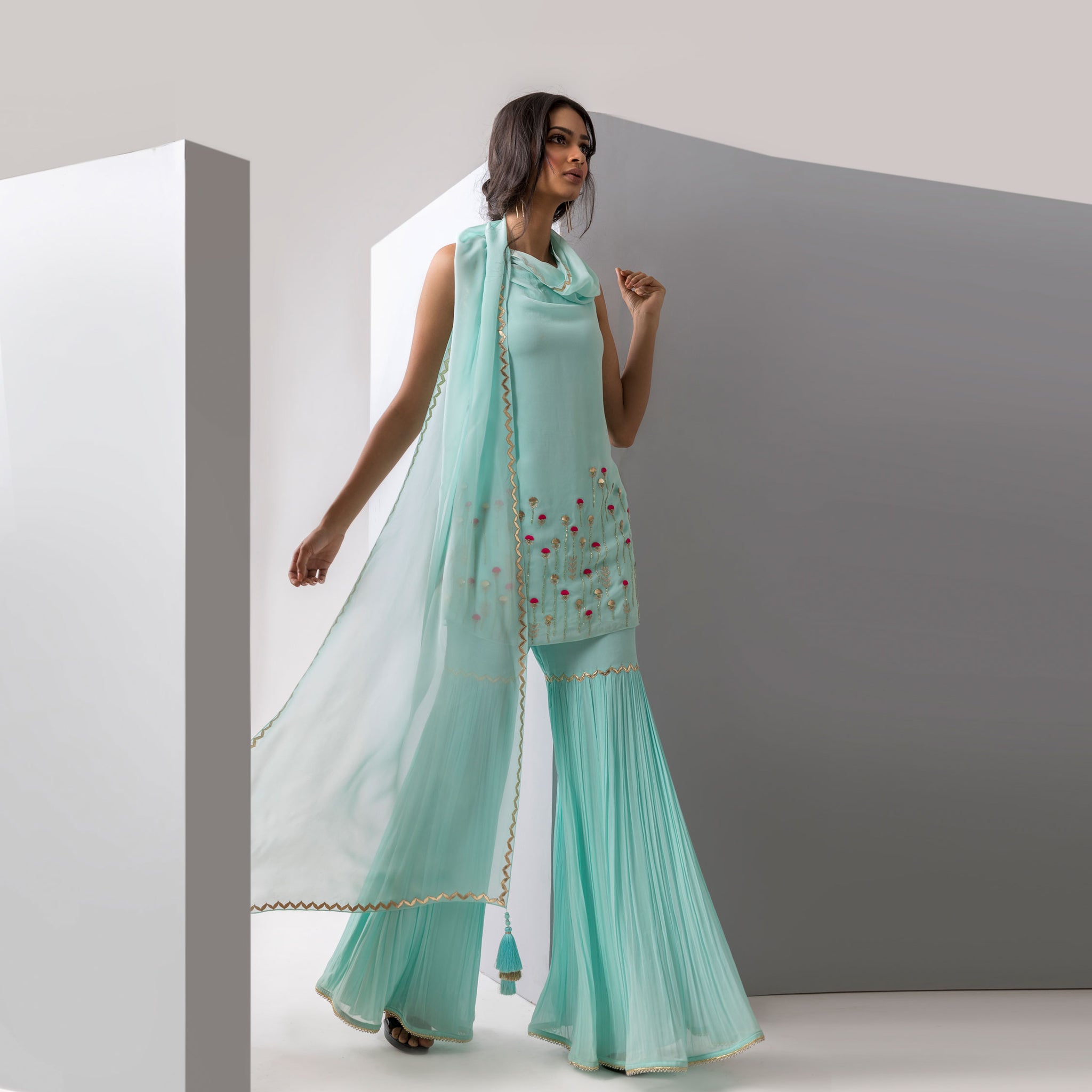 Embroidered Kurta with Attached Drape & Gharara Pants