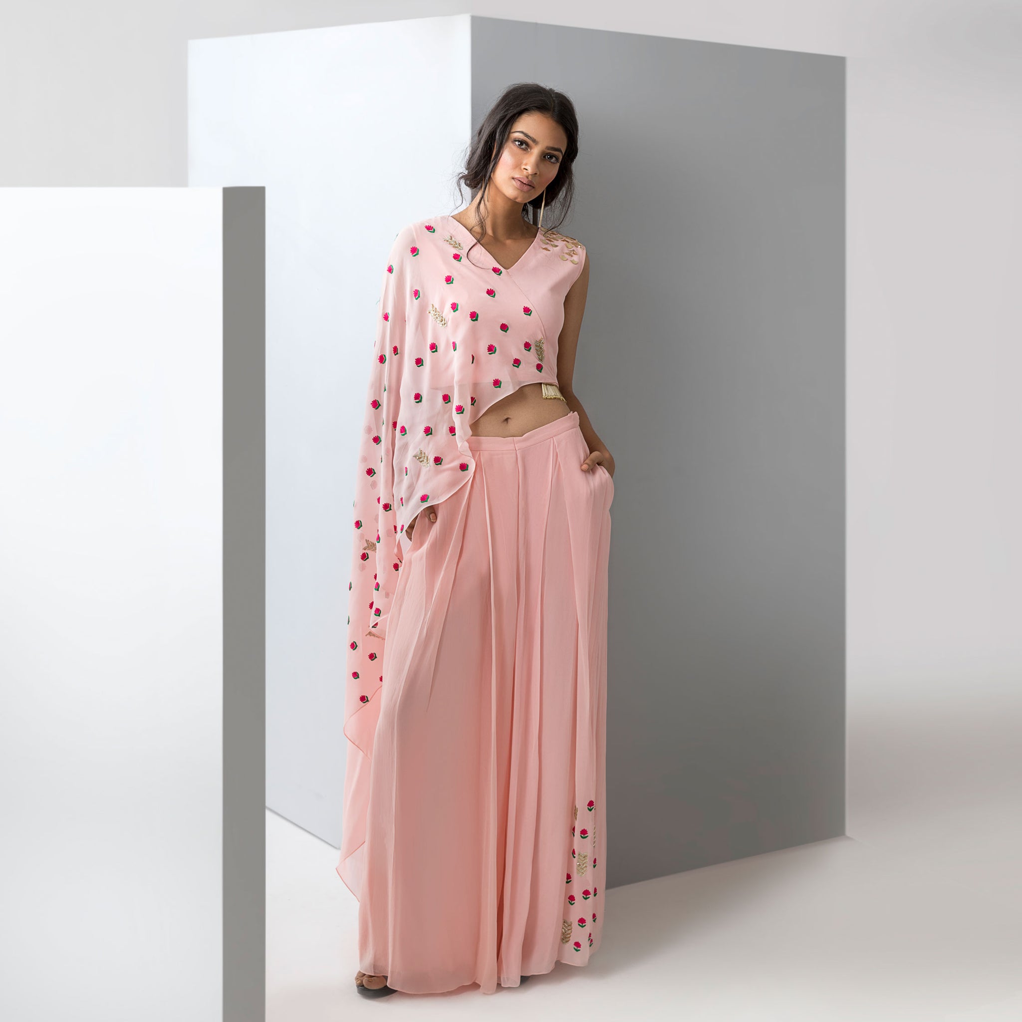Embroidered Draped Top with Flared Pants