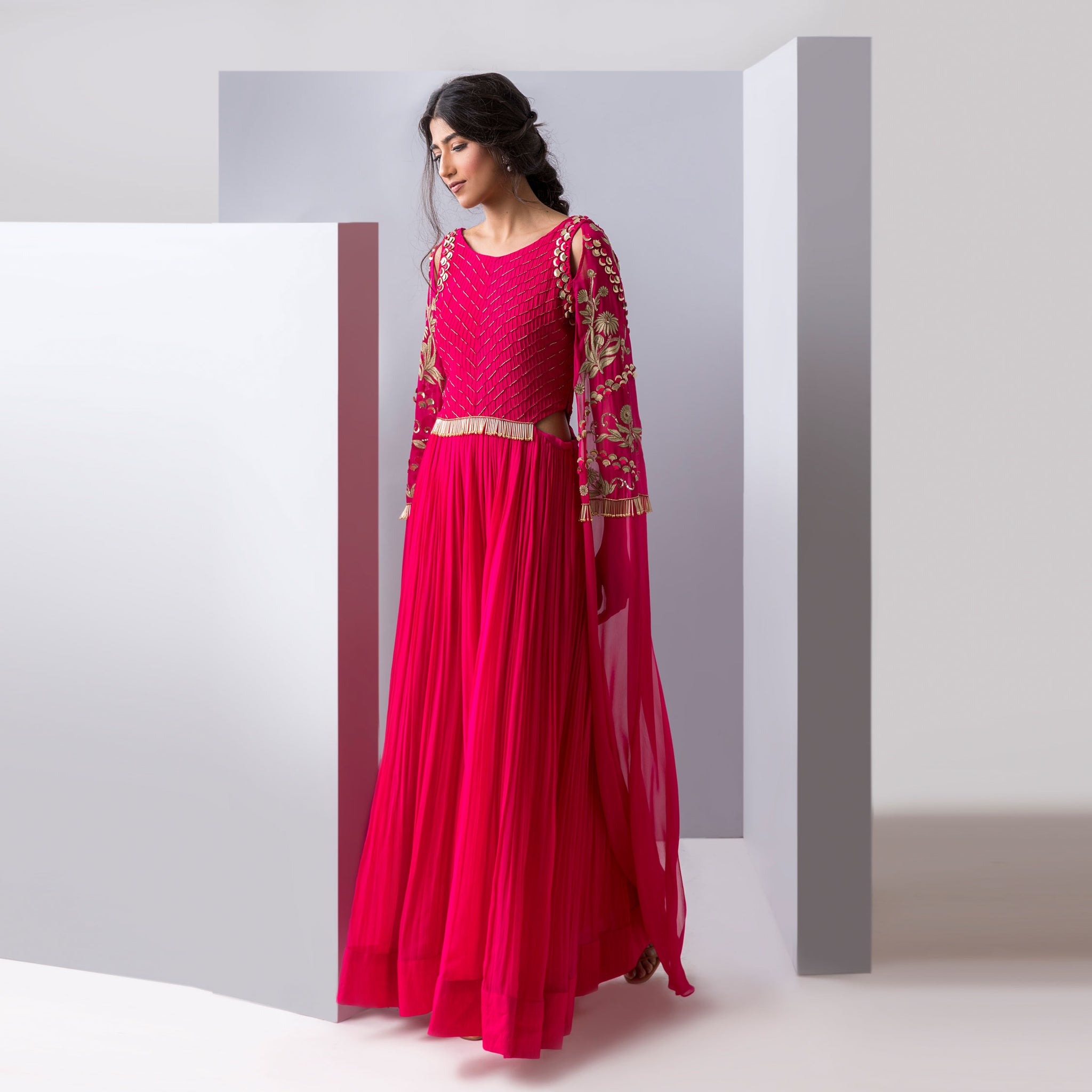 Embroidered Gown with Exaggerated Sleeves
