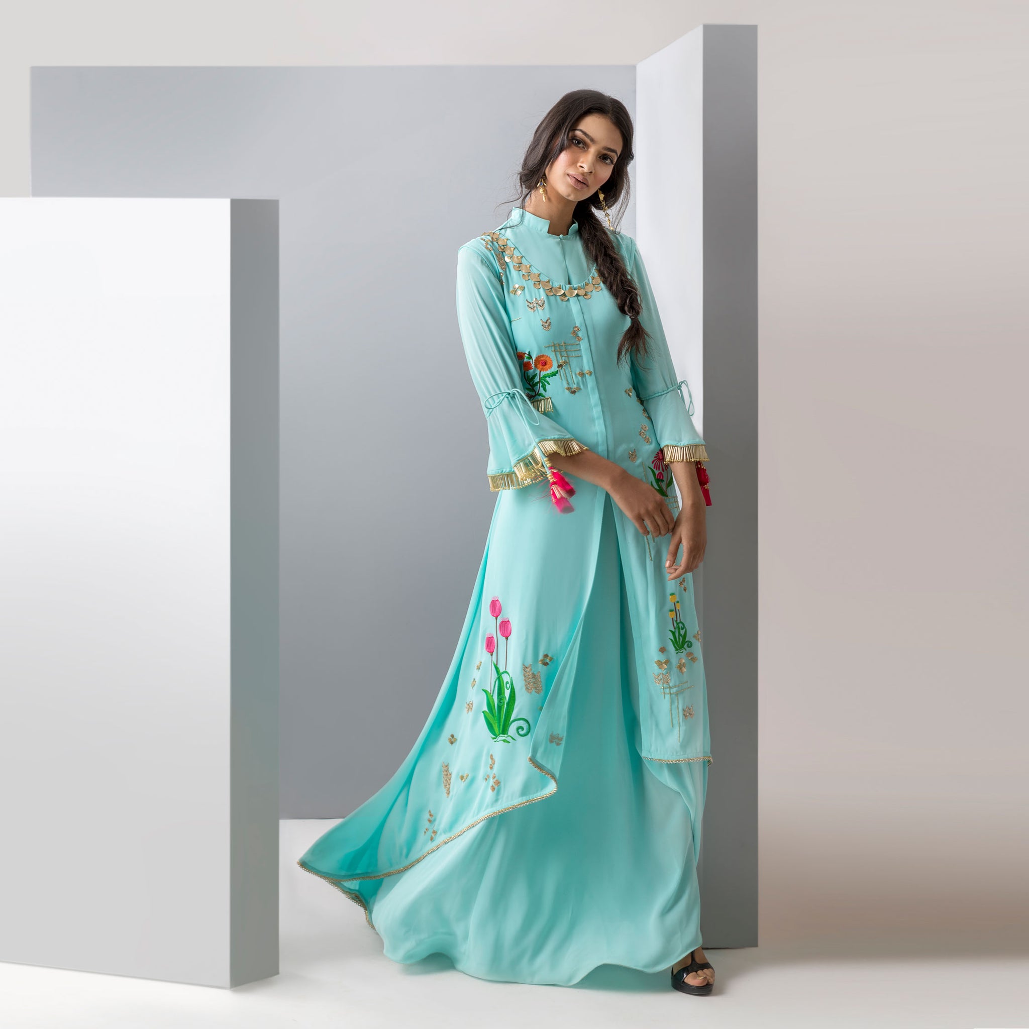 Embroidered Asymmetric Jacket with Gown