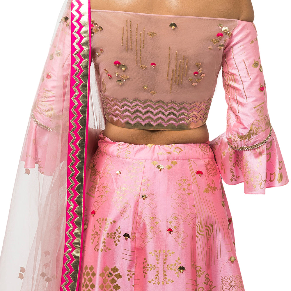 Embroidered Off-Shoulder Blouse with Printed Lehenga & Embroidered Net Dupatta
