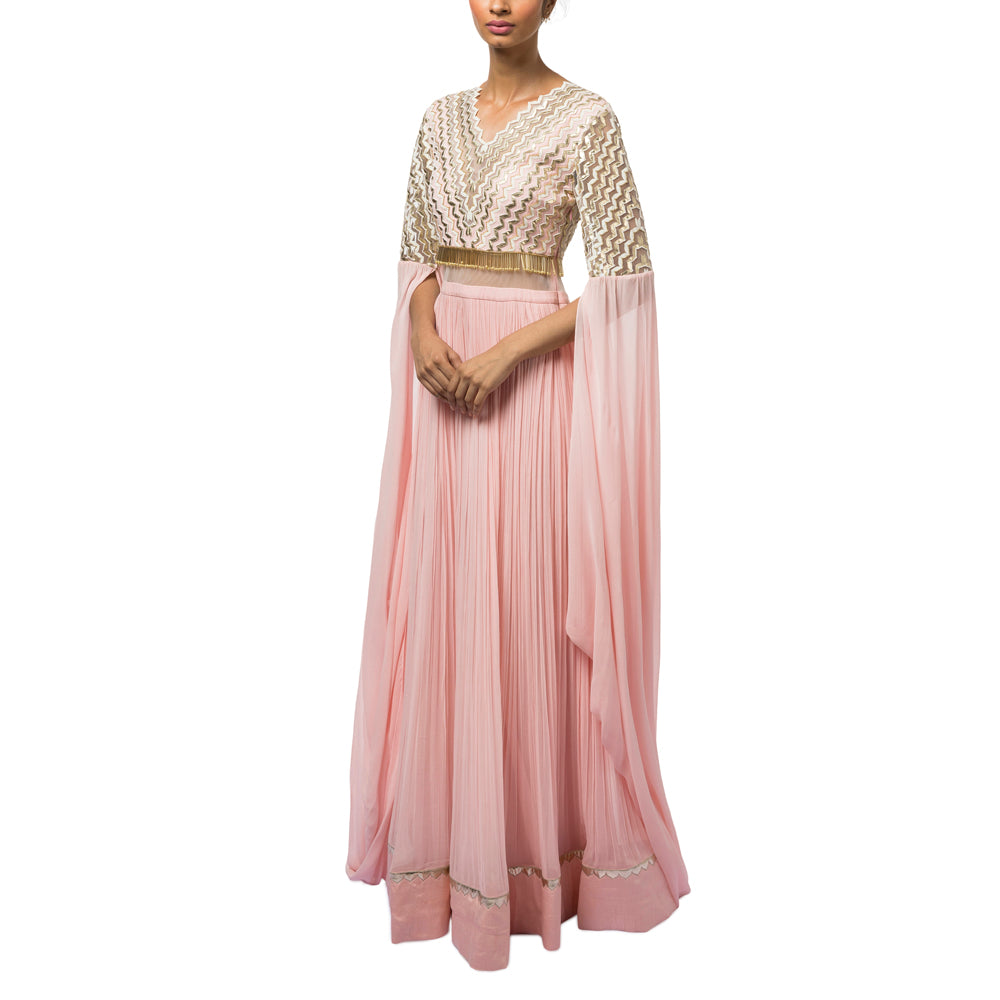 Embroidered Gown with Exaggerated Sleeves