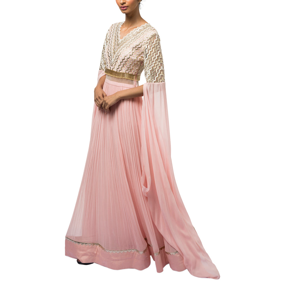 Embroidered Gown with Exaggerated Sleeves