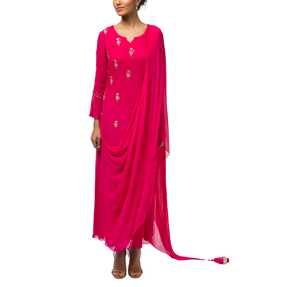 Embroidered Draped Kurta with Churidar