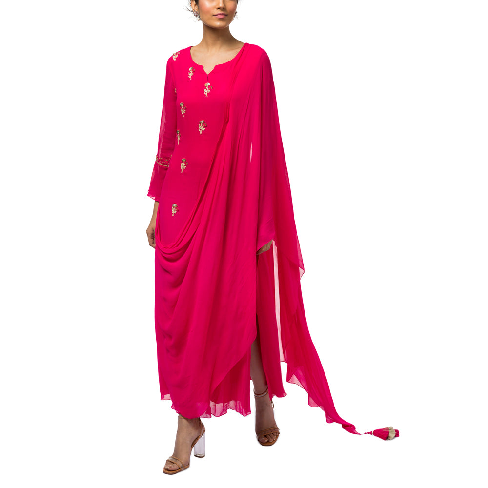 Embroidered Draped Kurta with Churidar