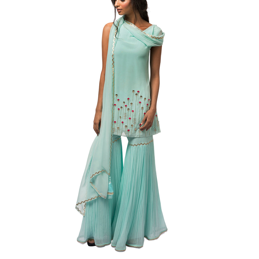 Embroidered Kurta with Attached Drape & Gharara Pants
